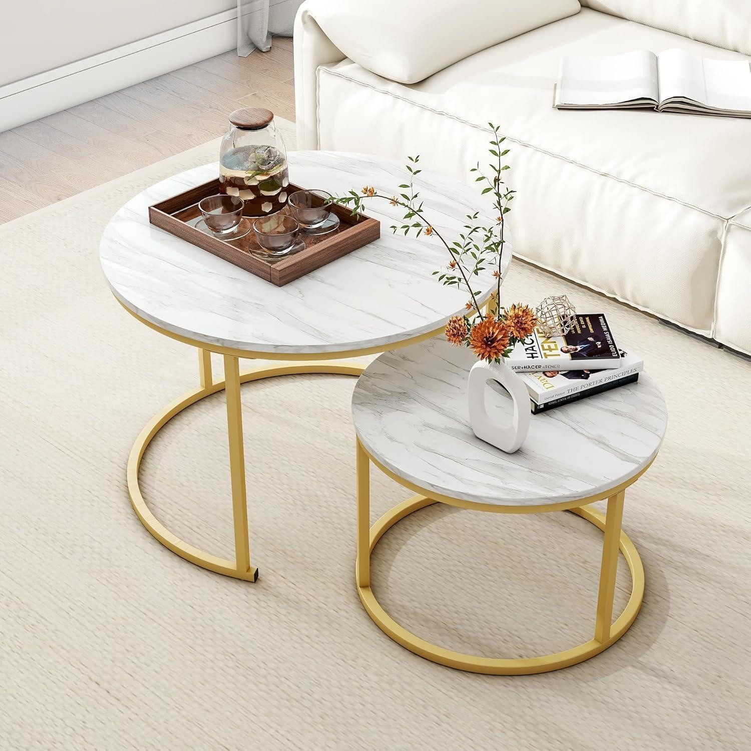 LuxusKollektion Couchtisch Runder Couchtisch 2er-Set Holz Stauraum Metallrahmen