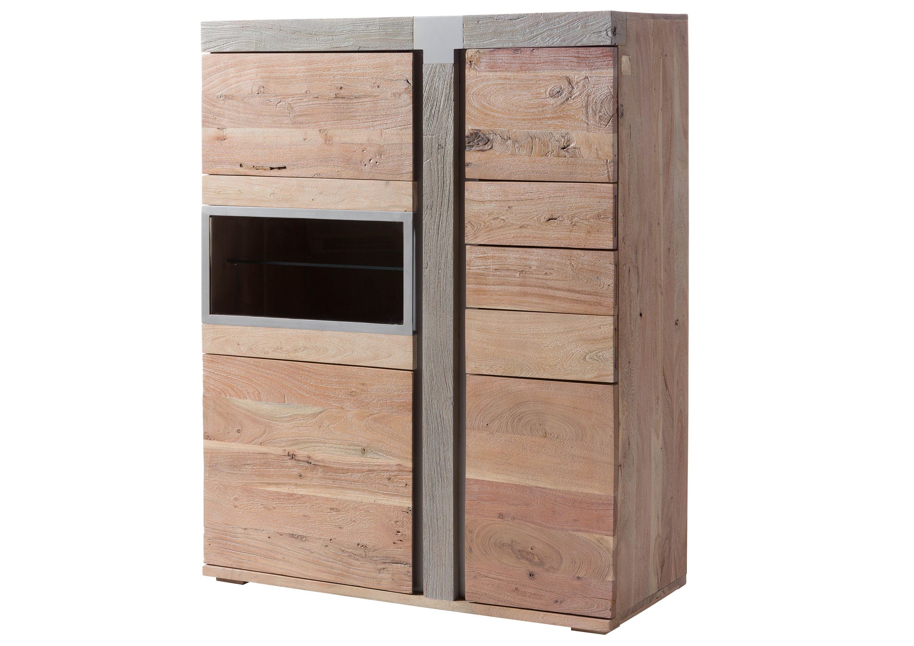 Massivmoebel24 Highboard AMSTERDAM (Massivholz), Highboard Akazie 110x45x142 beige lackiert Amsterdam #105