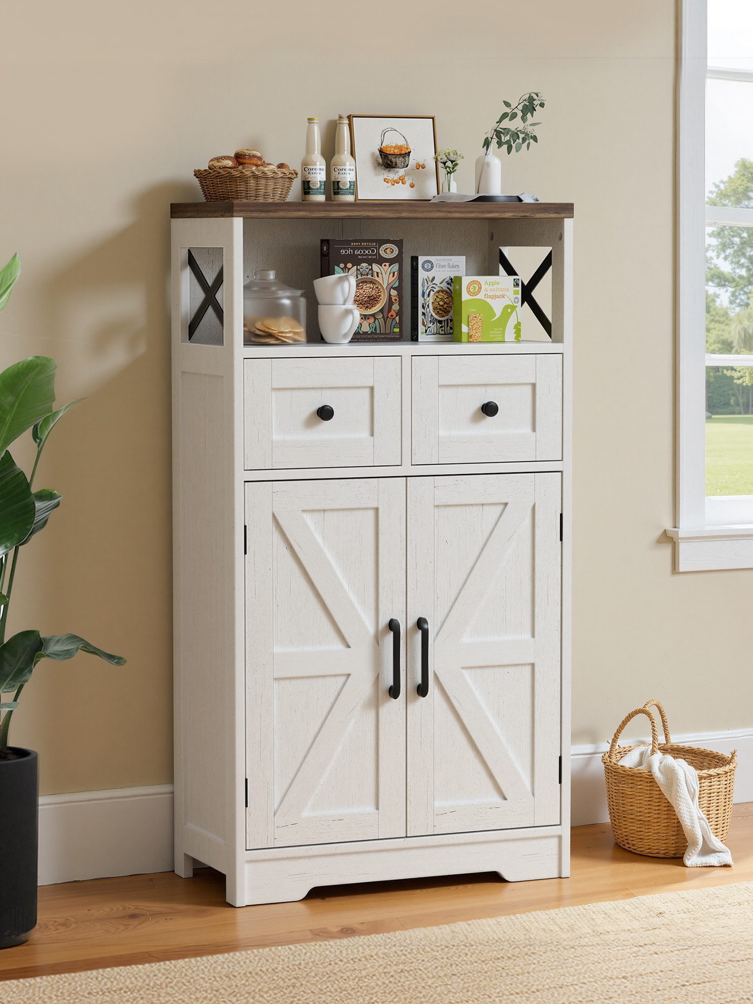 FiveWillowise Sideboard mit 2 Schubladen und Offenem Regal, Aufbewahrungsschrank (1 St), Küchenschrank Anrichte Kaffeebar, 57,5x29x108cm