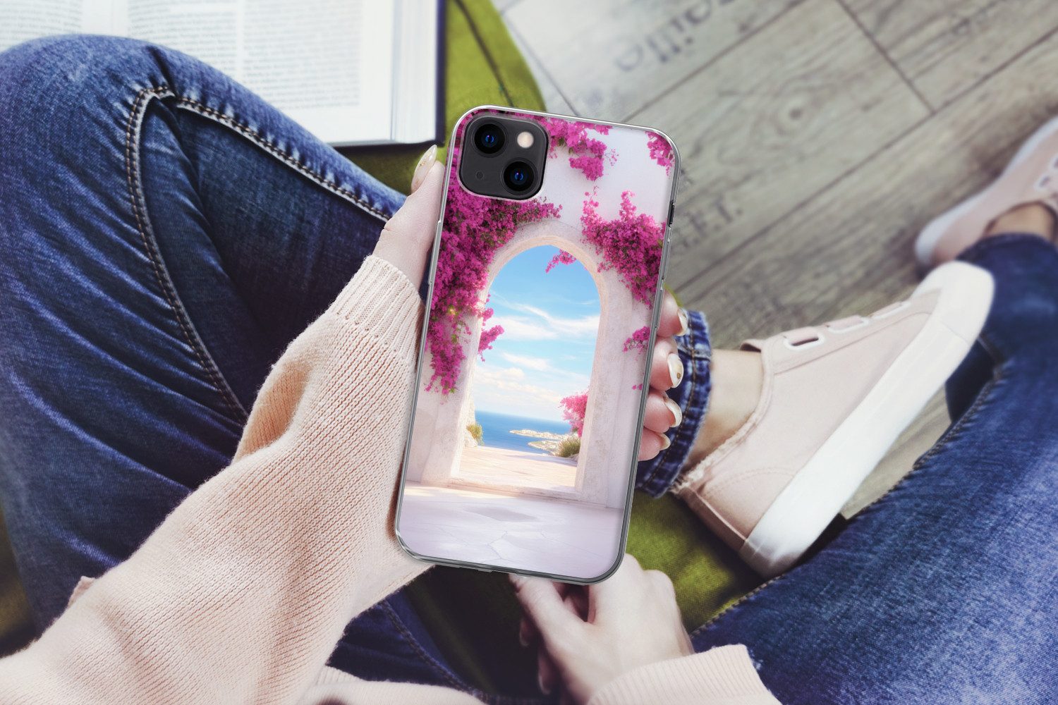 MuchoWow Handyhülle für Apple iPhone 13 mini Meer - Rosa - Blumen - Tor, Smartphone-Bumper, Print, Handy Schutzhülle Dünn