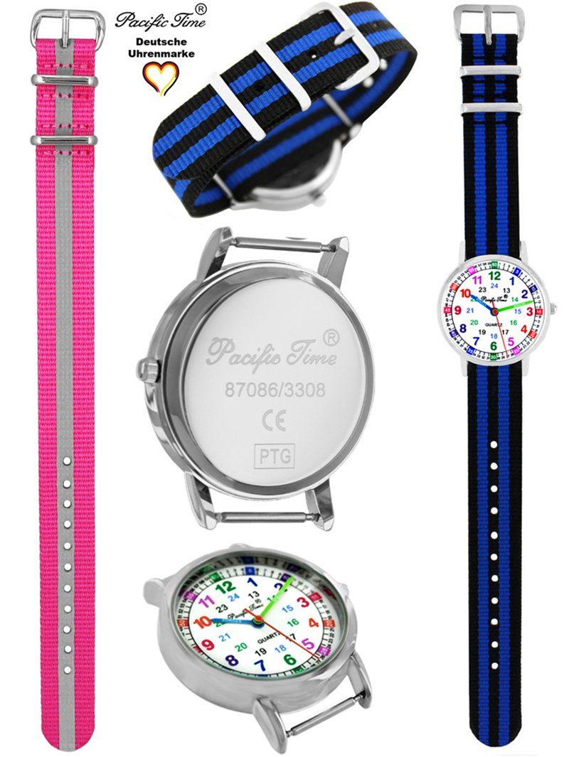 Quarzuhr pink Reflektor Versand blau Set Gratis - und Match Wechselarmband, und Time Armbanduhr Lernuhr Mix Design Kinder Pacific gestreift schwarz