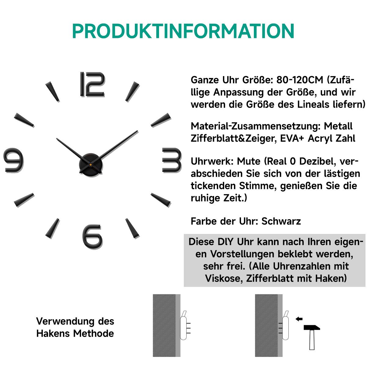 MOPUEA Wanduhr DIY Wanduhr 80-120cm große einfache-Wanduhr 3D Zahlen stille Acryl-Uhr (Lautlos für Restaurants Wohnzimmer Schlafzimmer Dekoration Uhr) – Bild 2 von 5