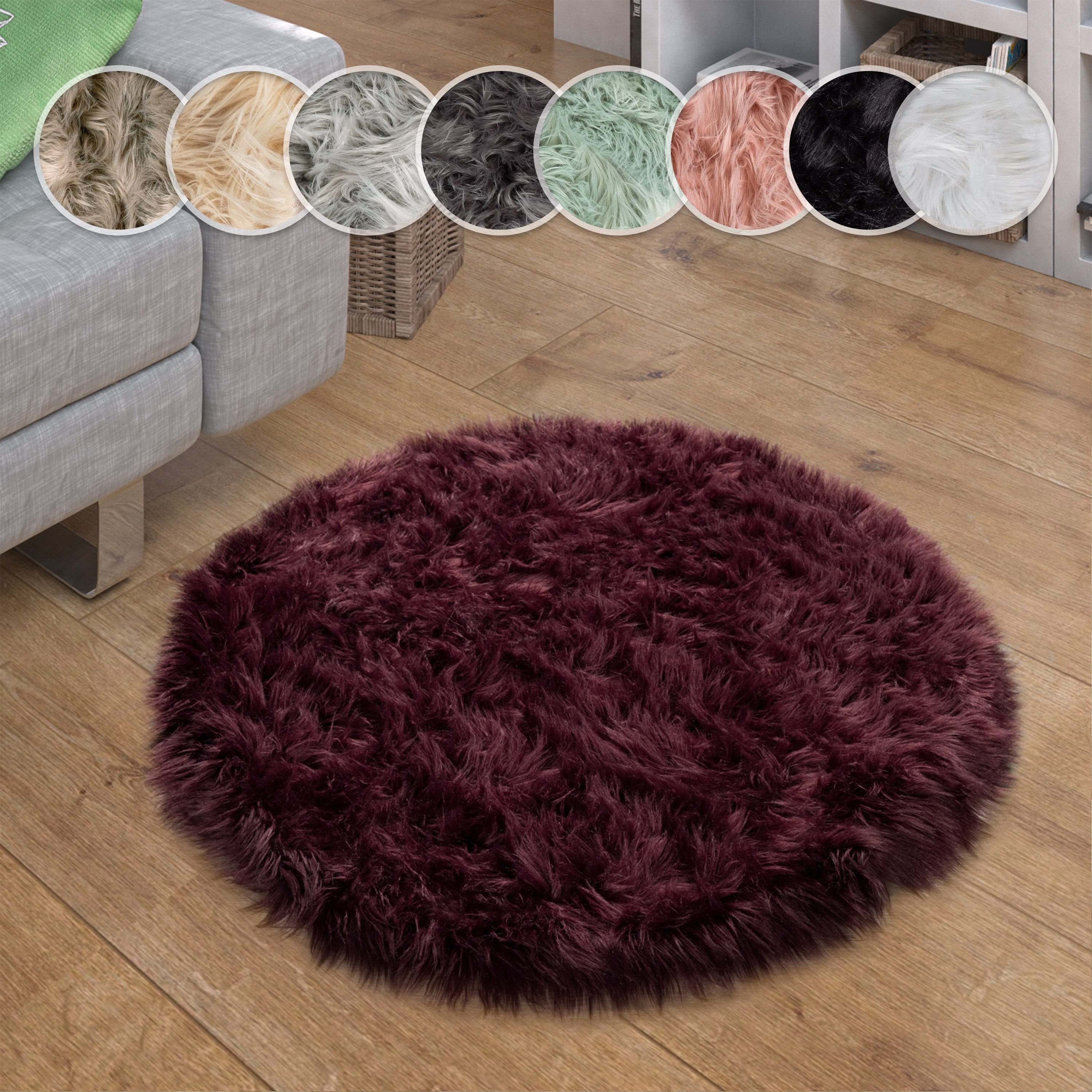 Paco Home Fellteppich Playa 960, rund, Höhe: 64 mm, Kunstfell, Flokati-Optik, Hochflor, weich und flauschig, Uni-Farben