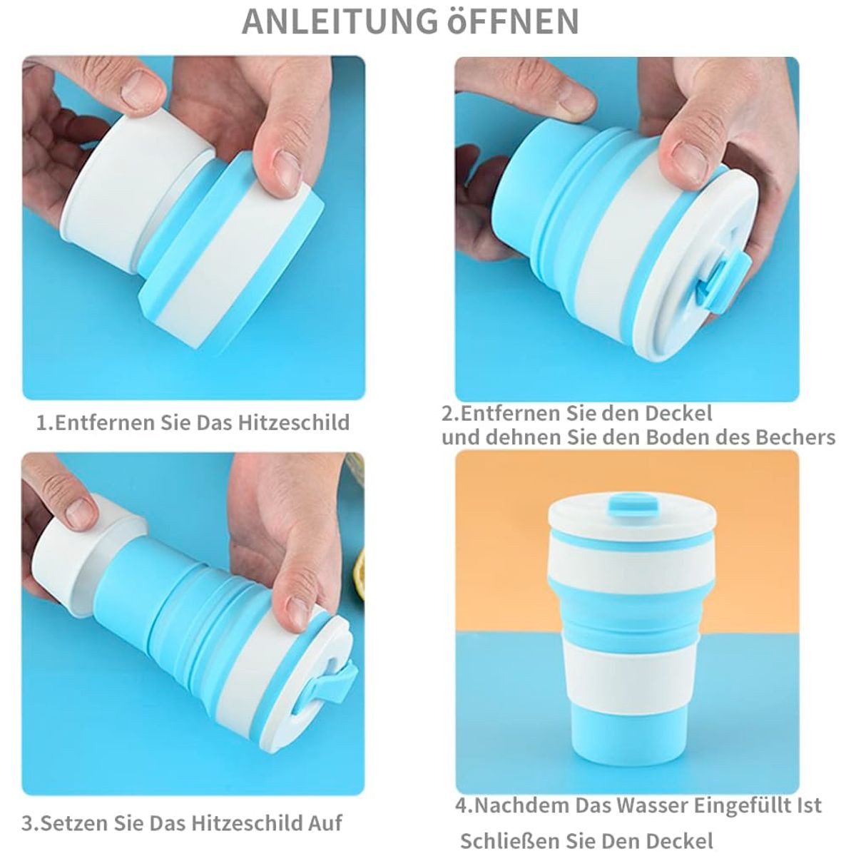 König Design Thermobecher Faltbecher 350ml, Silikon, Zusammenklappbar, BPA-frei, Reisebecher für Kaffee