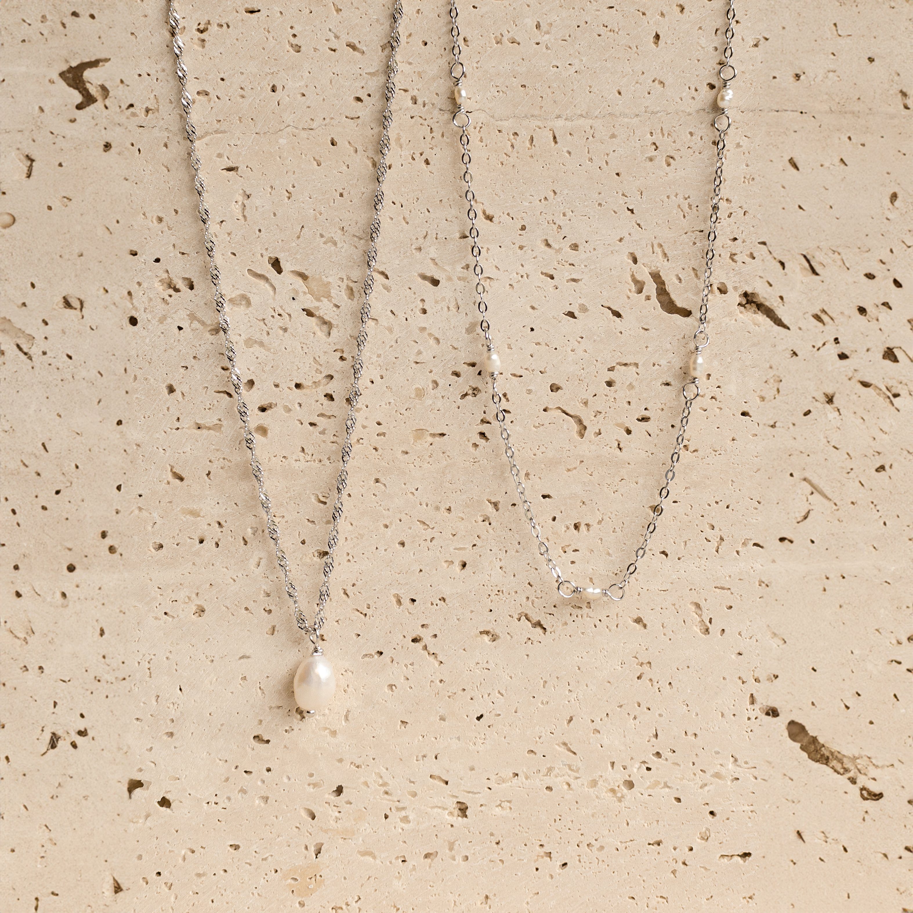 Hey Happiness Perlenketten-Set Damen 2-tlg., Schmuckset, Layer Halskette Silber 925 mit weißen Perlen, Brautschmuck – Bild 4 von 5
