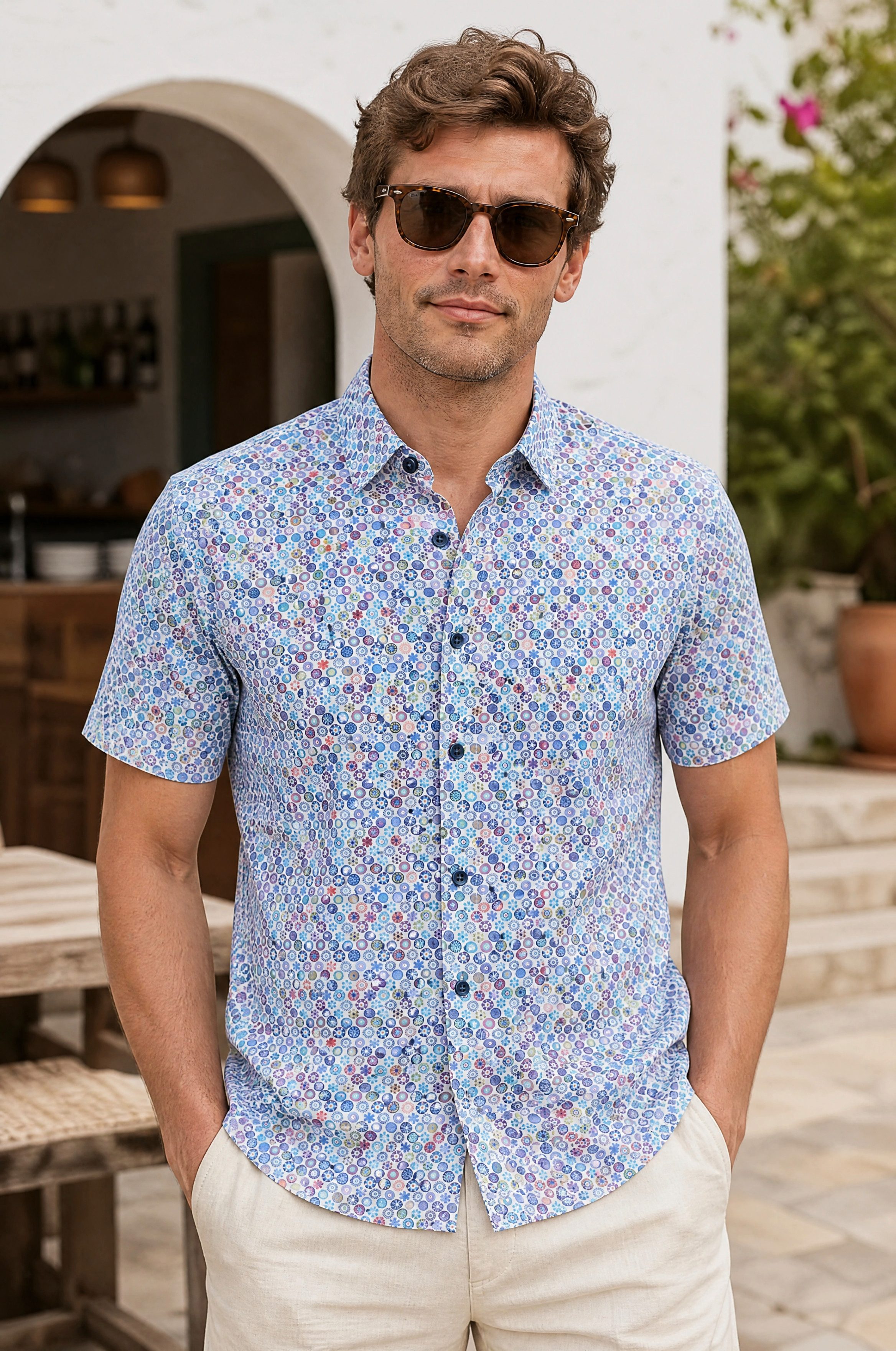 Kurzarmhemd Modern Fit Kurzarm Baumwoll-Herrenhemd mit Allover Kreis Print Sommer