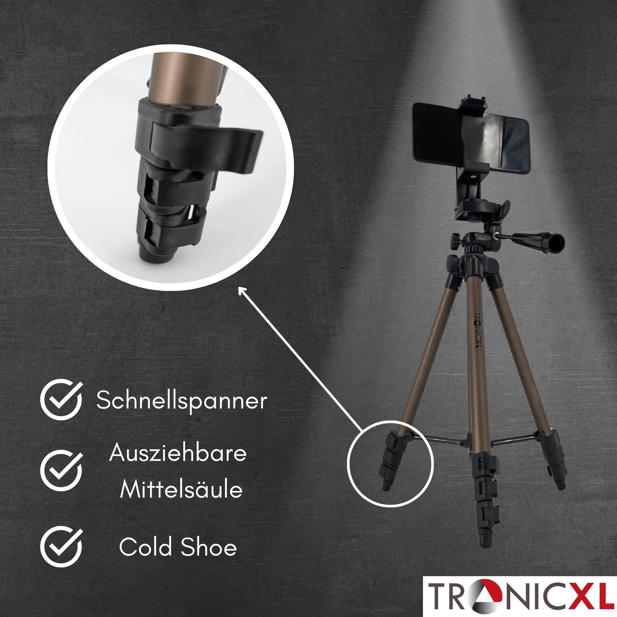 TronicXL Handy Stativ drehbar Smartphone Halterung Ständer Tripod Halter Video Kamerastativ (Ausfahrbare Mittelsäule, Wasserwaage) – Bild 4 von 5