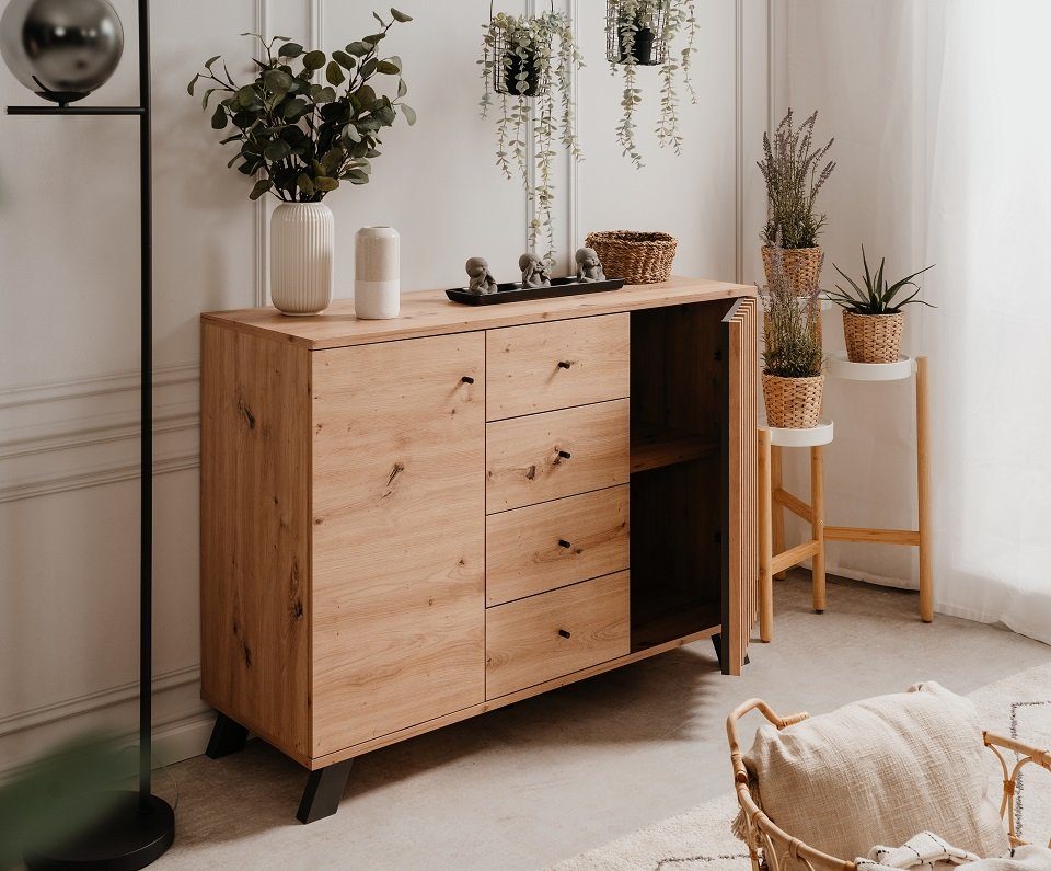 Finori Sideboard Kommode Sideboard Medan, mit 3D-Lamellen, Artisan Eiche / anthrazit