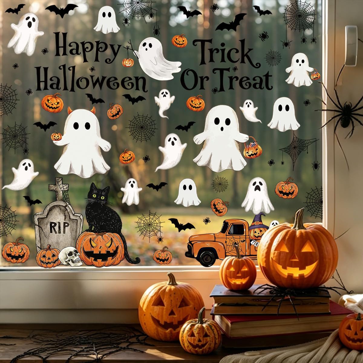 Sorvyzxn Fensterbild Wiederverwendbare Fensterbilder Halloween,statisch haftend, Halloween-Dekoration für Innenräume,beidseitiger Druck