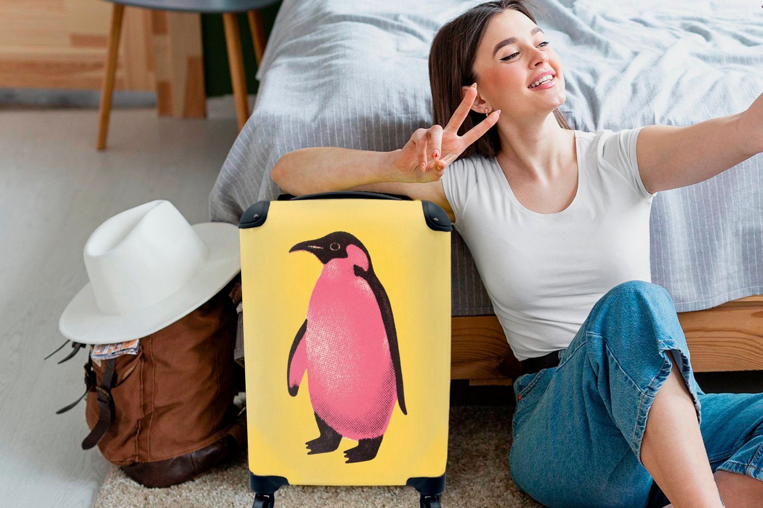 in Ferien, für Illustration 4 Pop-Art, Eine rollen, Handgepäck Reisetasche Handgepäckkoffer Reisekoffer der MuchoWow mit eines Rollen, Pinguins Trolley,