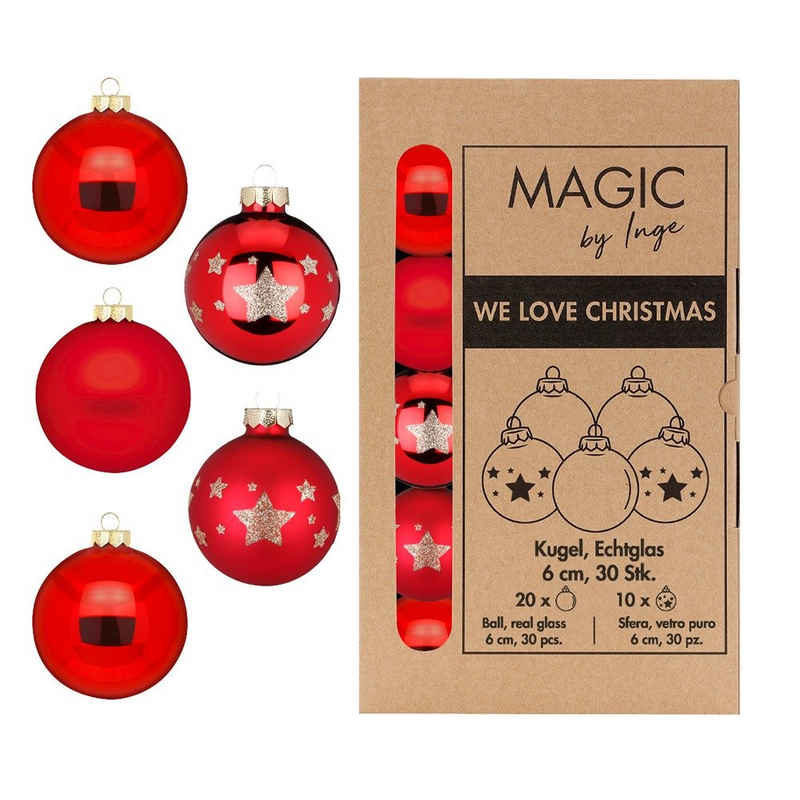 MAGIC by Inge Weihnachtsbaumkugel, Weihnachtskugeln Glas 6cm mit Sternenmuster 30 Stück - Merry Red