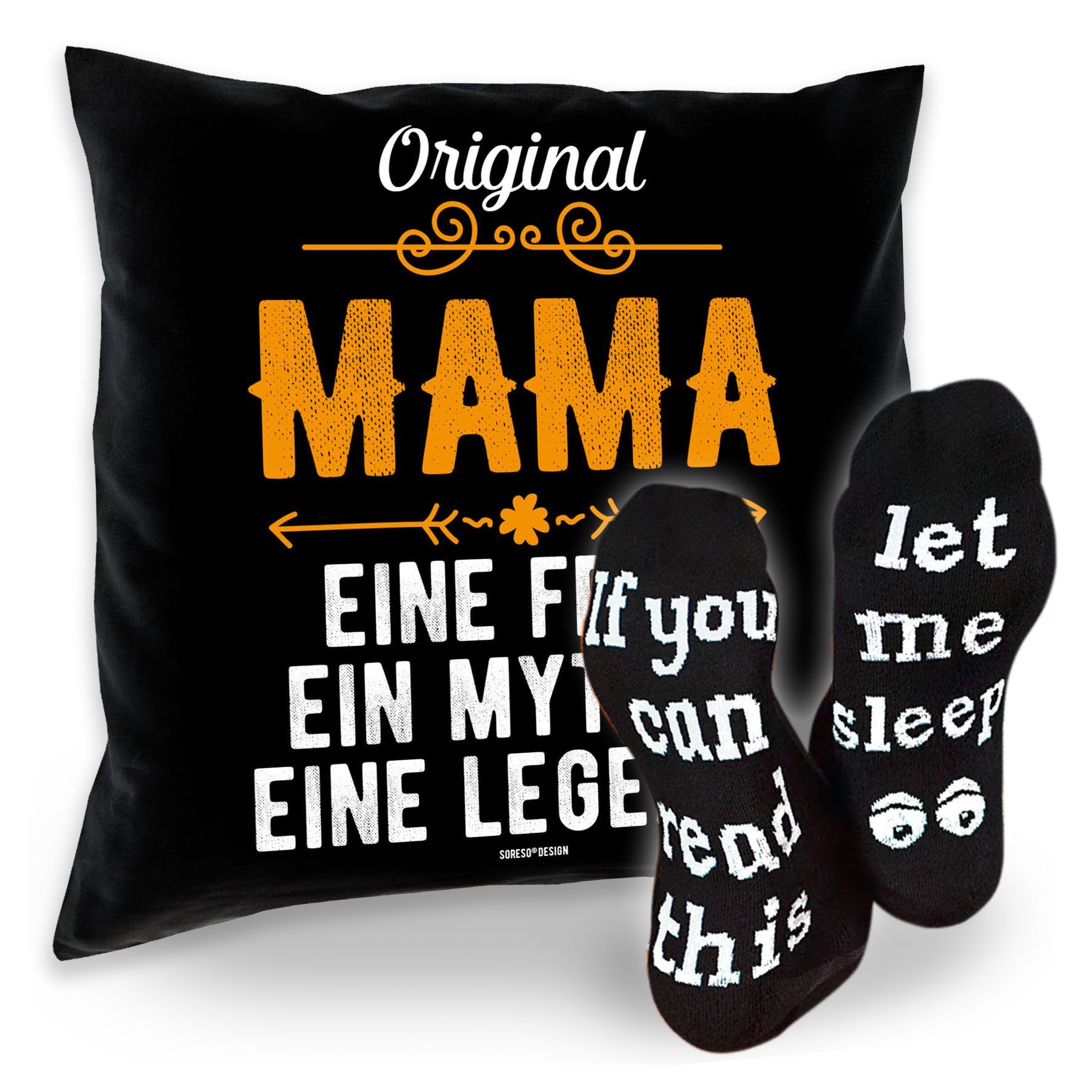 Soreso® Dekokissen Geschenk + - Socken, Komplettes Sprüche Set Mama für Geschenke Kissen inkl. Füllung
