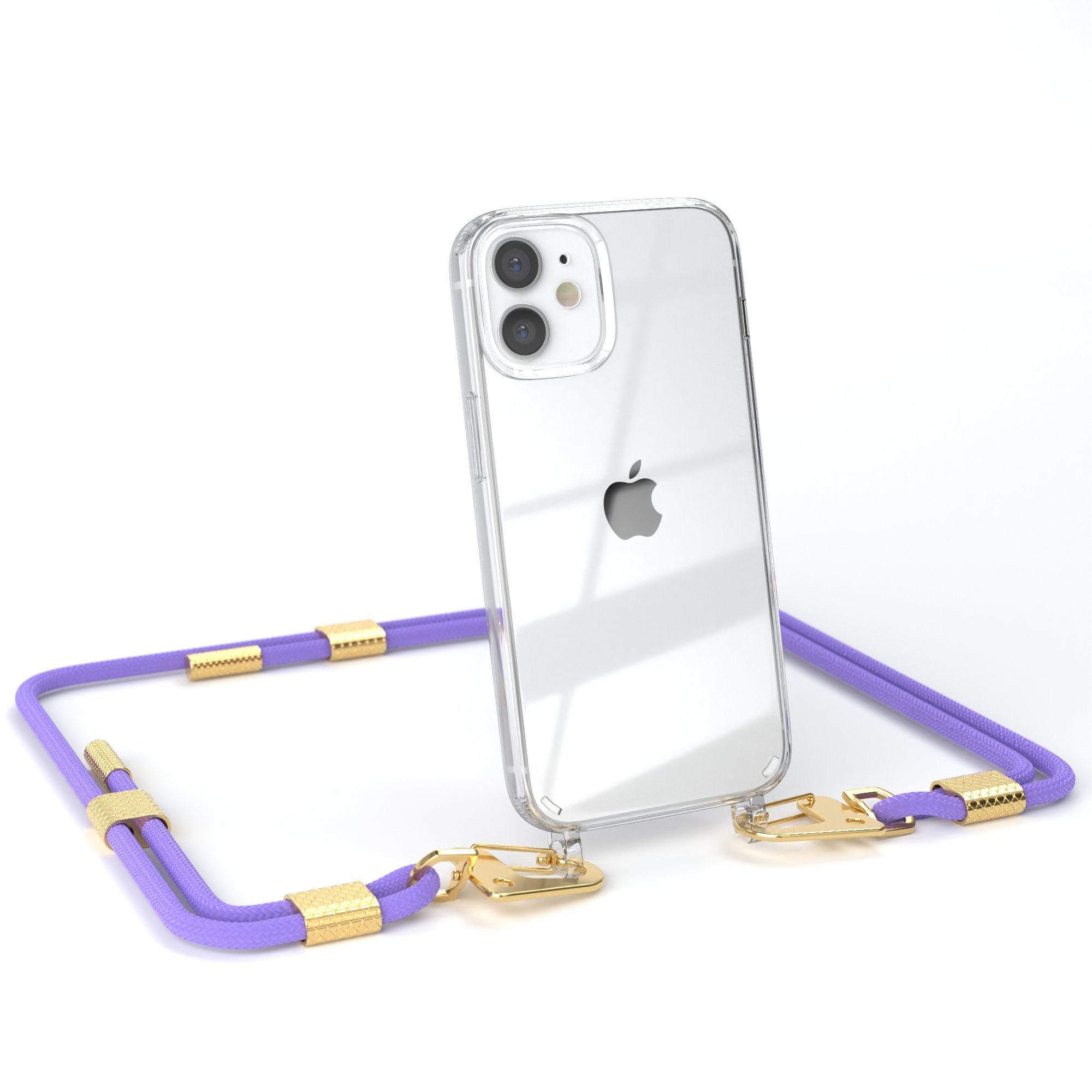 EAZY CASE Handykette Silikonhülle mit Kette für Apple iPhone 12 Mini 5,4 Zoll, Smartphonekette Cover Silikonhülle Umhängetasche Flieder Lila Gold