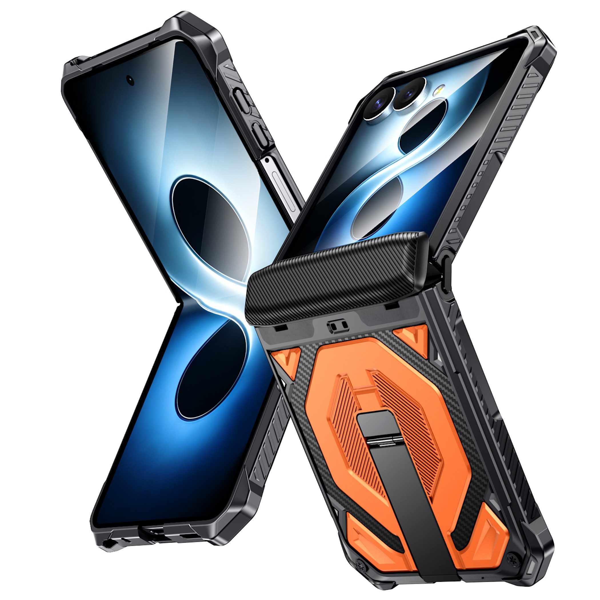 Wigento Handyhülle Klapphülle Kickstand Samsung Galaxy Z Flip 7 + 8 5G Outdoor Orange 6,90 Zoll und 4,10 Zoll, Kamera Lisen Schutz, verstärkte Ecken mit Sturzschutz