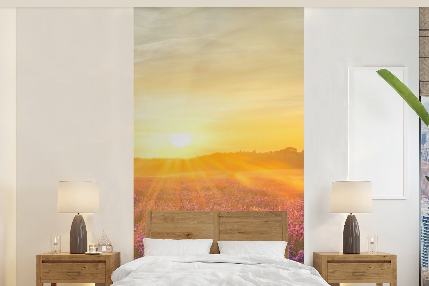 MuchoWow Fototapete Lavendel - Sonnenuntergang - Bäume - Lila, Matt, bedruckt, (2 St), Vliestapete für Wohnzimmer Schlafzimmer Küche, Fototapete