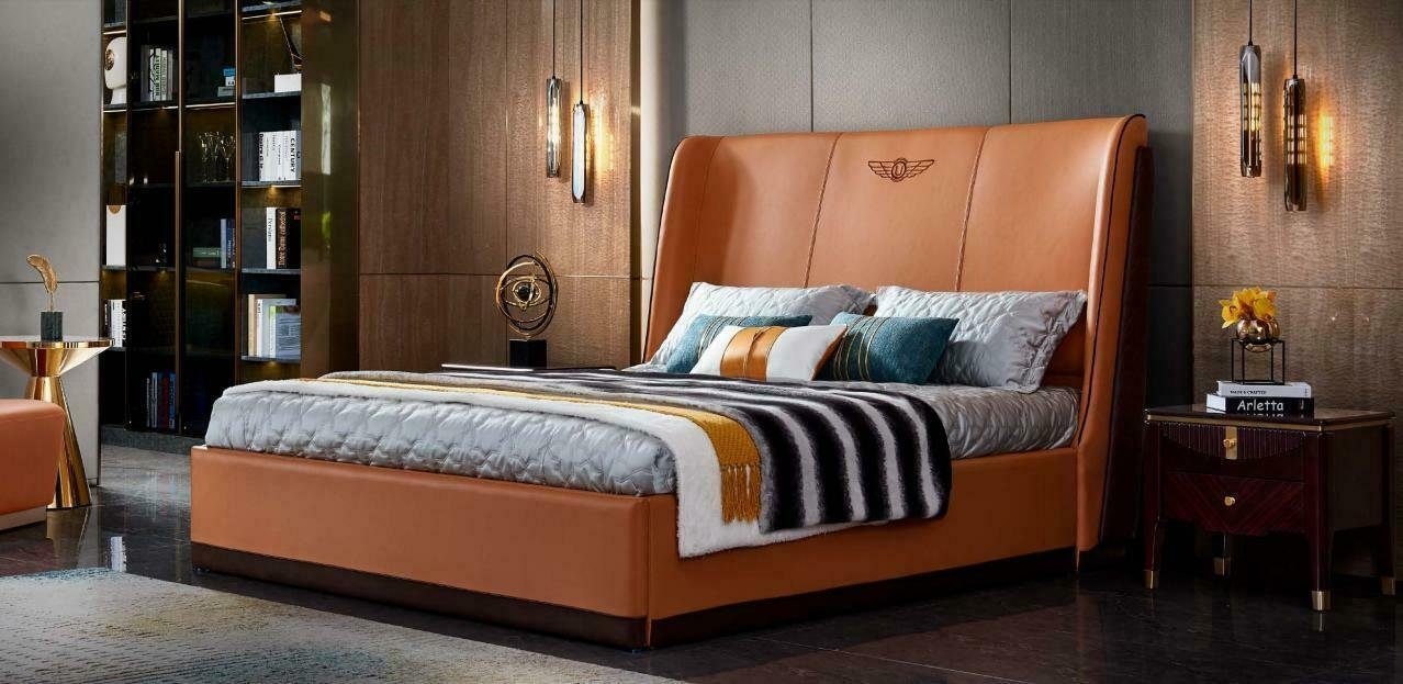 JVmoebel Lederbett, Bett Orange Design Holz Luxus Neu Betten Modern Möbel Schlafzimmer