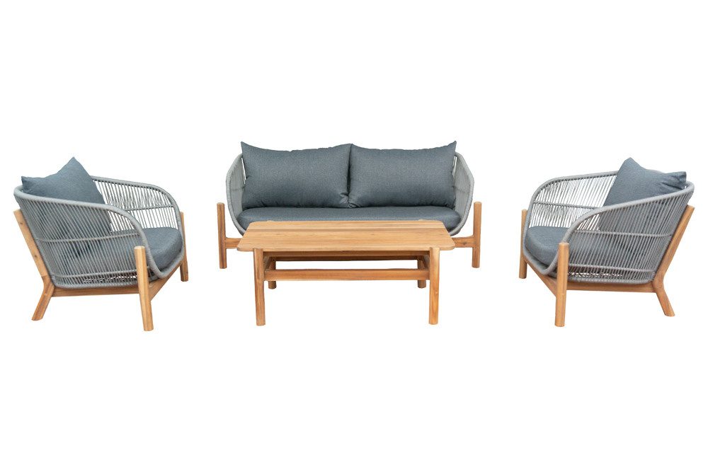 riess-ambiente Loungeset ROPE grau/natur - Akazie, Outdoor, wetterfest, Sofa, Tisch, 2x Sessel, (Set, 4-tlg), Boho Gartenmöbel für Terrasse & Balkon - aus Massivholz & Aluminium