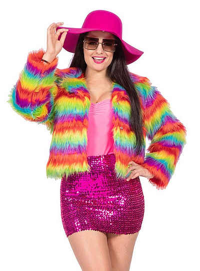 Metamorph Kostüm Regenbogen Kunstfelljacke, Schrill schimmernde Jacke aus regenbogenfarbenem Fell