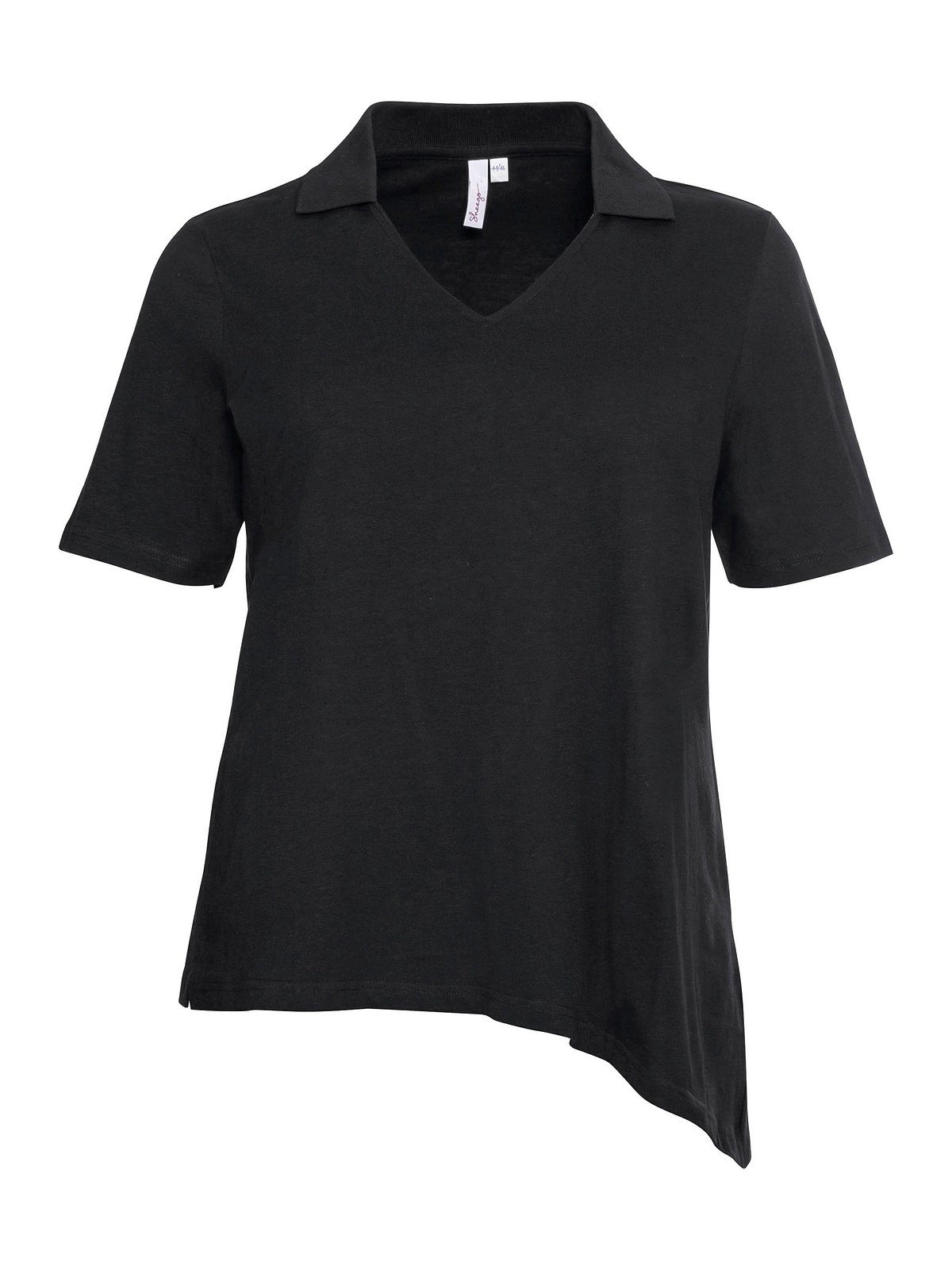 mit Sheego Saum Große Polokragen Größen und T-Shirt asymmetrischem schwarz