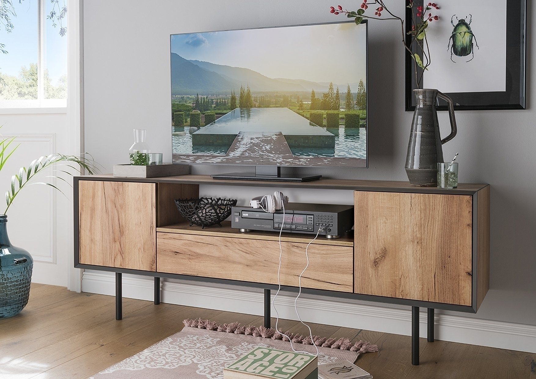 möbelando TV-Board in Gold Craft Oak, Schiefer - 165x60x34 (BxHxT)