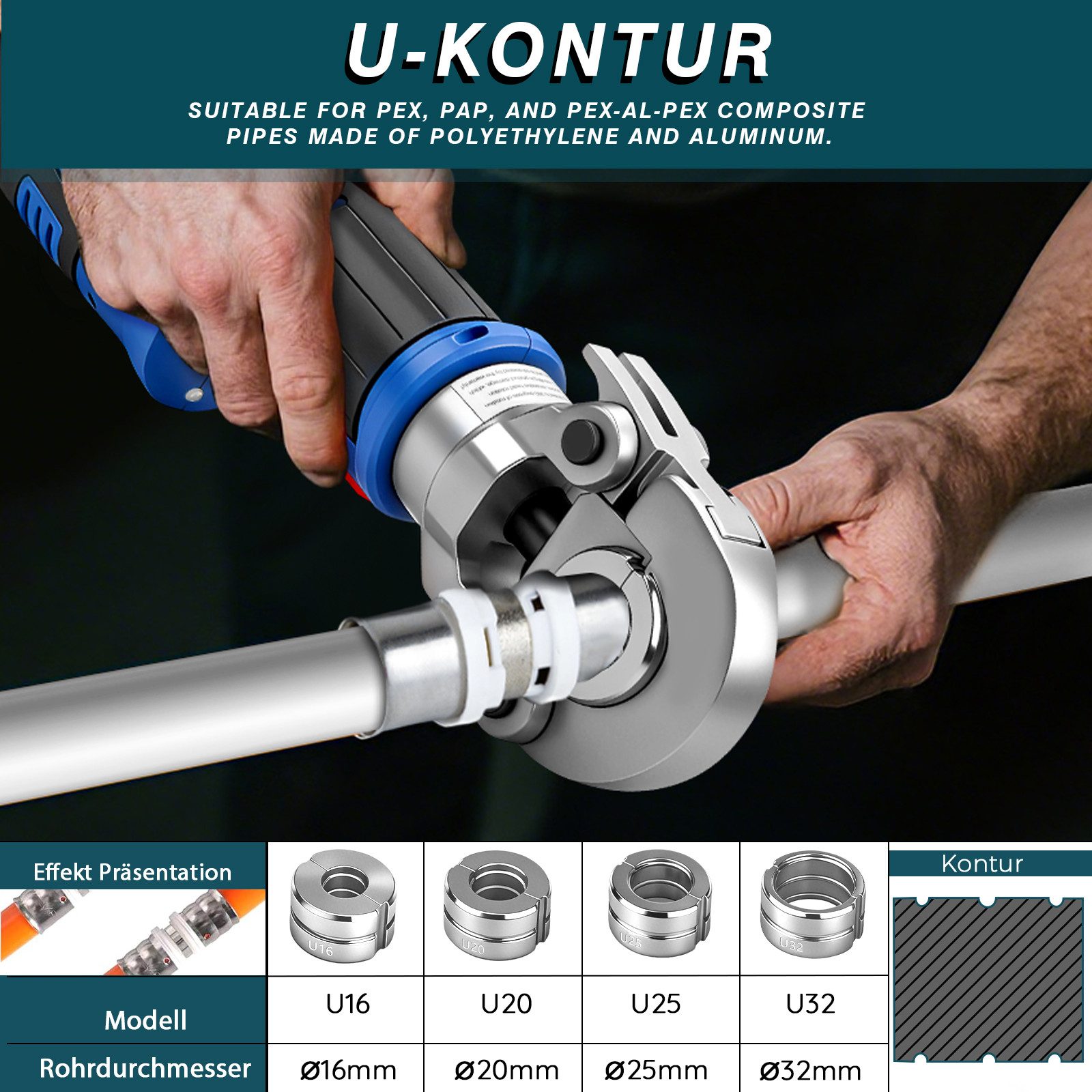 XERSEK Rohrzange U-Kontur Pressbacke Presszange Pressbackeneinsatz Wechselbacke, Set 4-tlg., U16/U20/U25/U32mm, Kompatibel mit Manuelle & Elektrische Hydraulische Crimpzangen