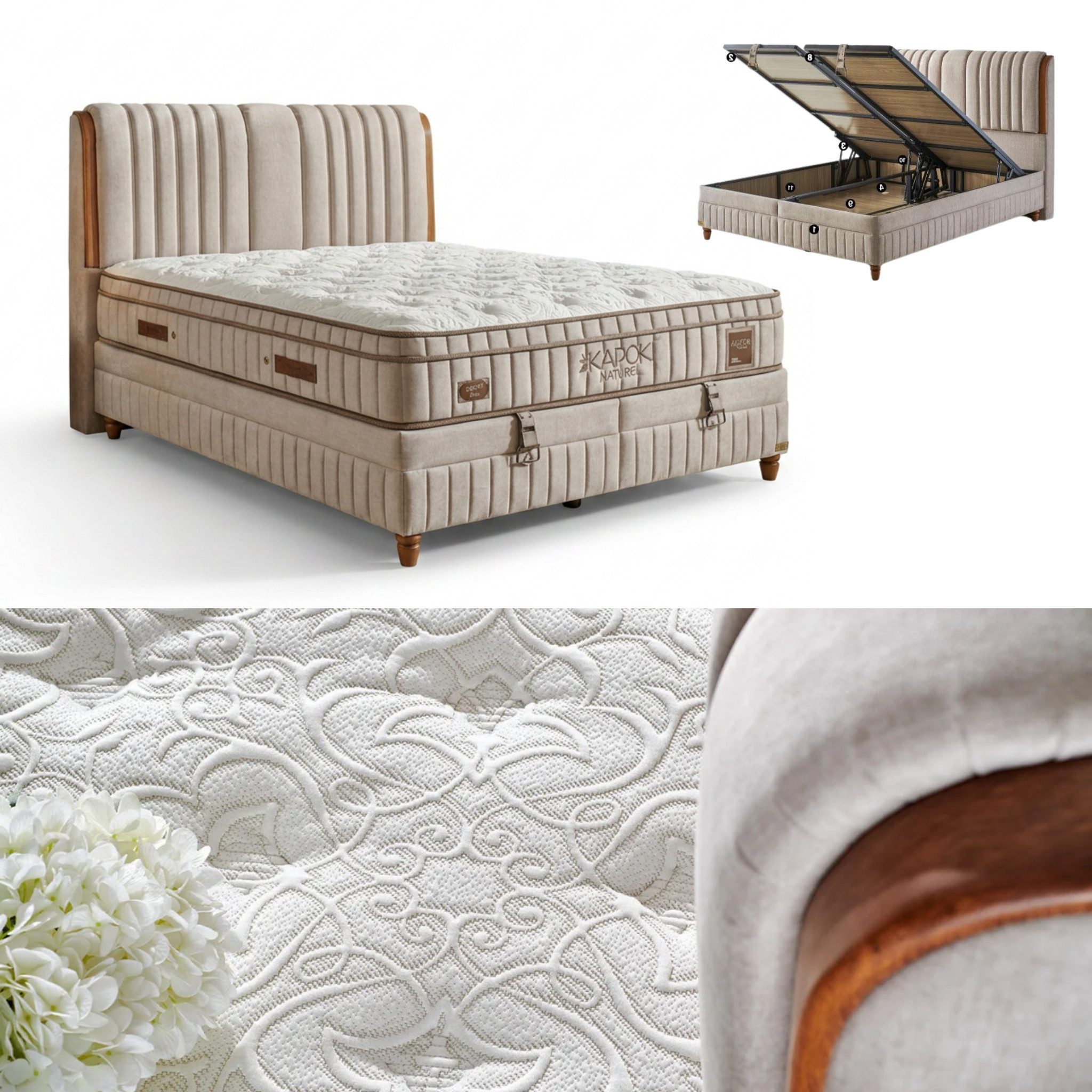 Bambi Boxspringbett mit Matratze Stauraumbett Kapok Polsterbett, Boxbett, Doppelbett (Boxspringbett 140x200 Set, 4-St., 2 Bettkästen + Matratze + Kopfteil), inkl. Lieferung