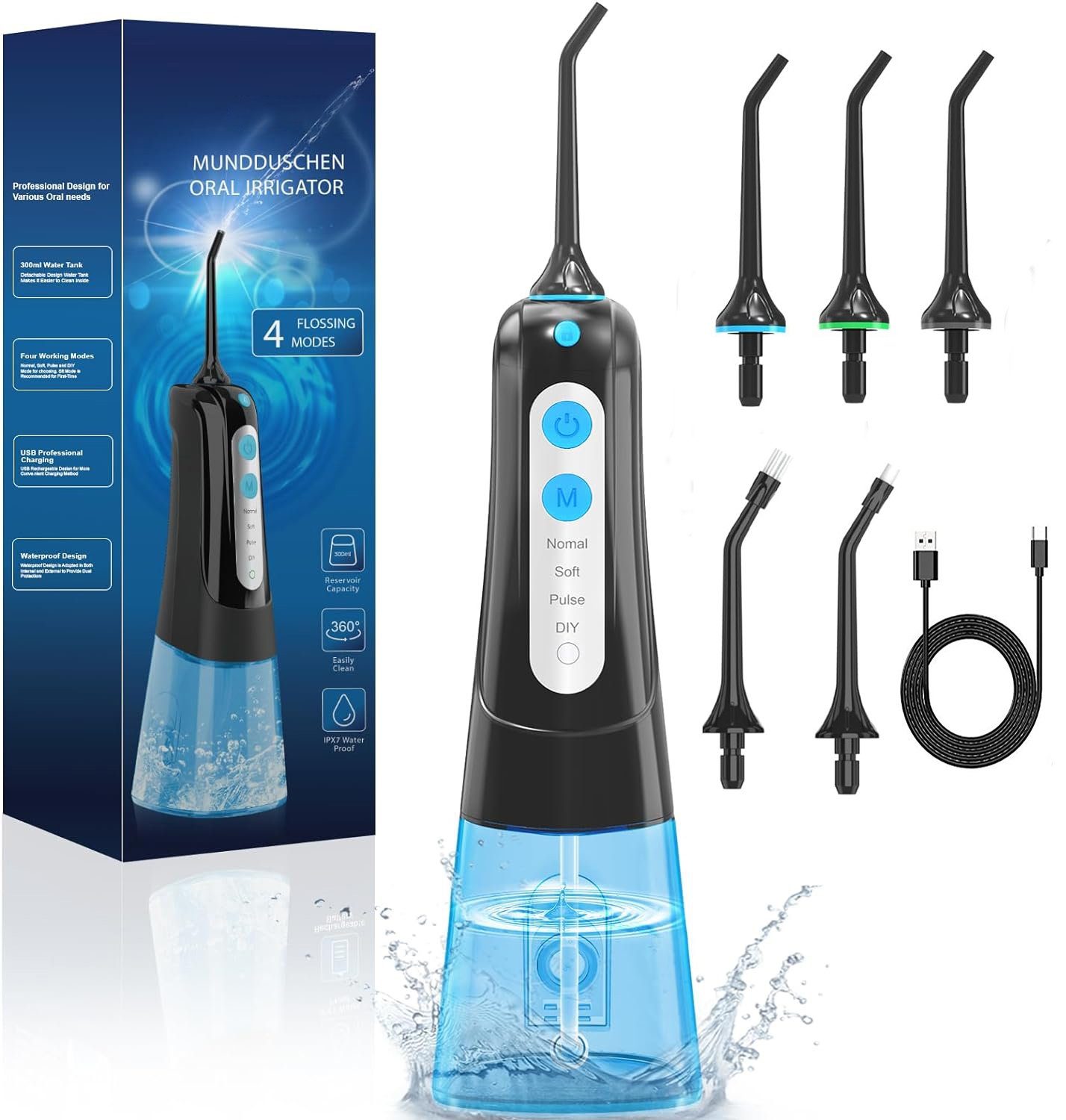 JOEAIS Reise-Munddusche Kabellos Flosser Waterfloss Mundpflegecenter Oral Zähne Irrigator, Elektrisch 300ml Airfloss 4 Jet Nozzle 4 Intensitätsstufen Zahnspülun