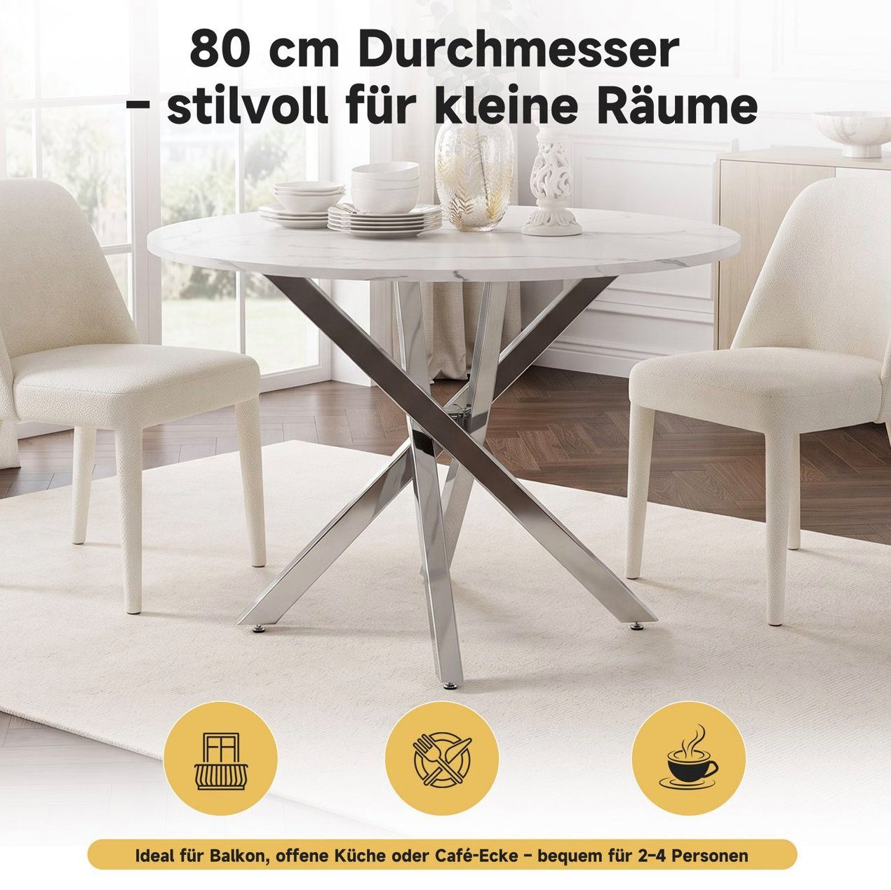 MODFU Esstisch Runder Tisch mit Marmoroptik & stabilen Metallbeinen (Packung, 1-St., Weiß+Silber, für Esszimmer & Küche), 80×80×75 cm, verchromte Silberbeine