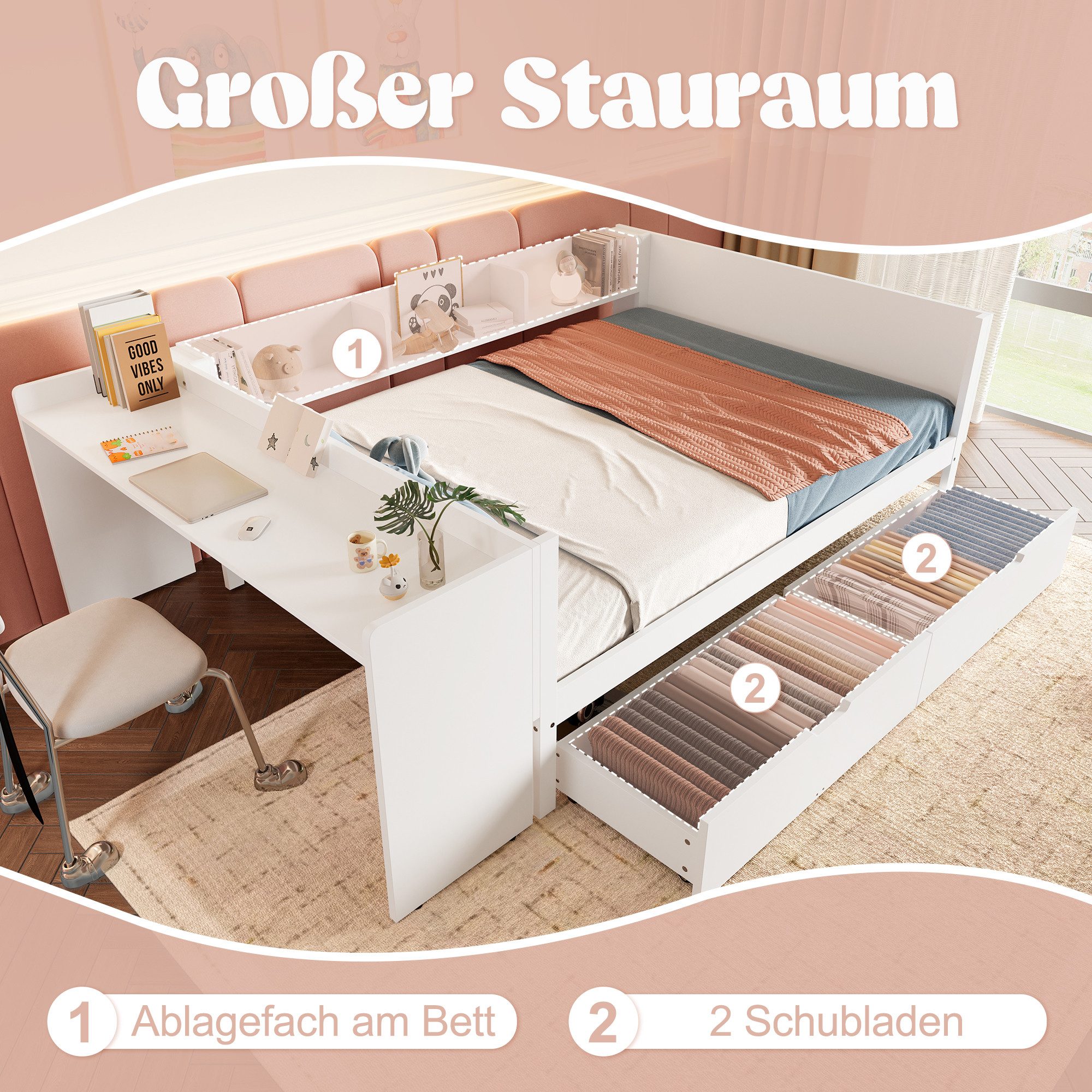 OKWISH Kinderbett mit Schreibtisch, Jugendbett Daybett günstig online kaufen