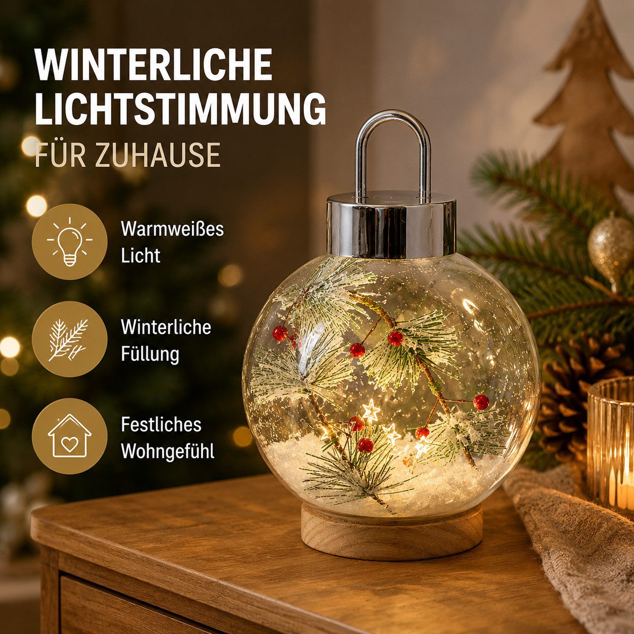 formano LED Dekolicht LED Glaskugel Tannenzweige 18 cm Holzsockel Timer Weihnachtsdeko, LED fest integriert – Bild 2 von 5