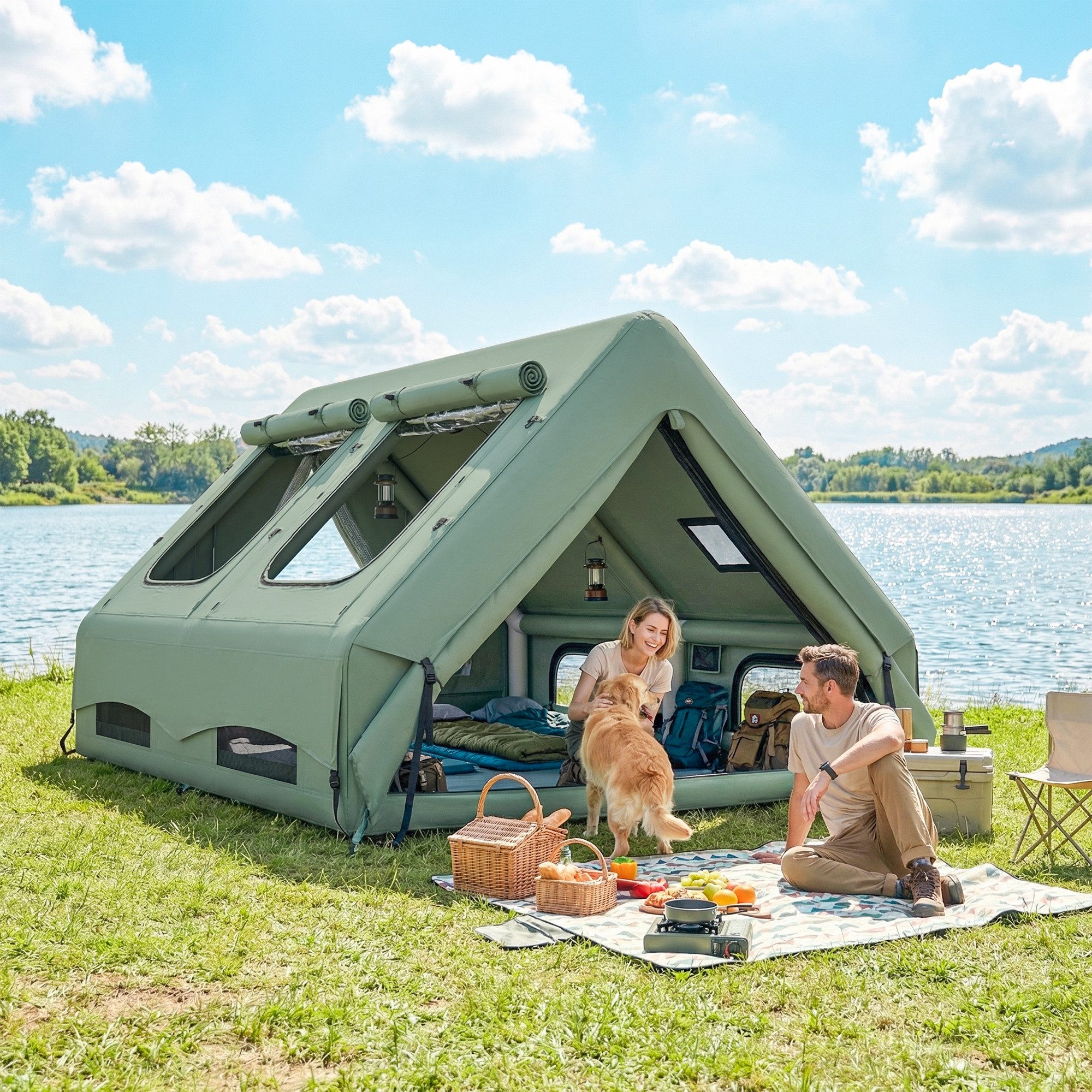 Outsunny aufblasbares Zelt mit Kaminöffnung, Dachfenster, Kabelanschluss, Personen: 10 (Outdoor Zelt, 1 tlg., Air Glamping Zelte), Oxfordstoff