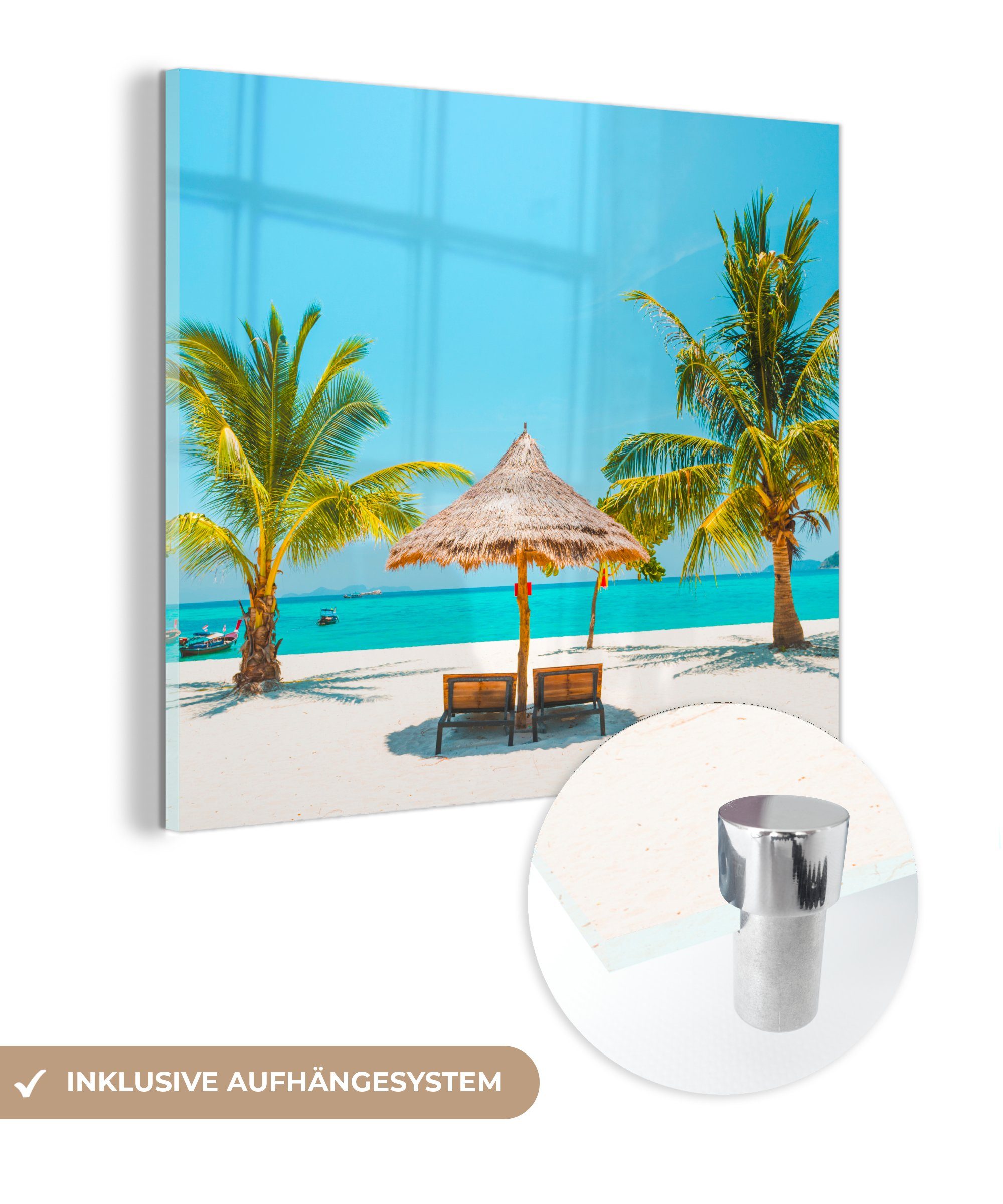 MuchoWow Acrylglasbild Strand - Sonnenschirm - Palme, (1 St), Glasbilder - Bilder auf Glas Wandbild - Foto auf Glas - Wanddekoration