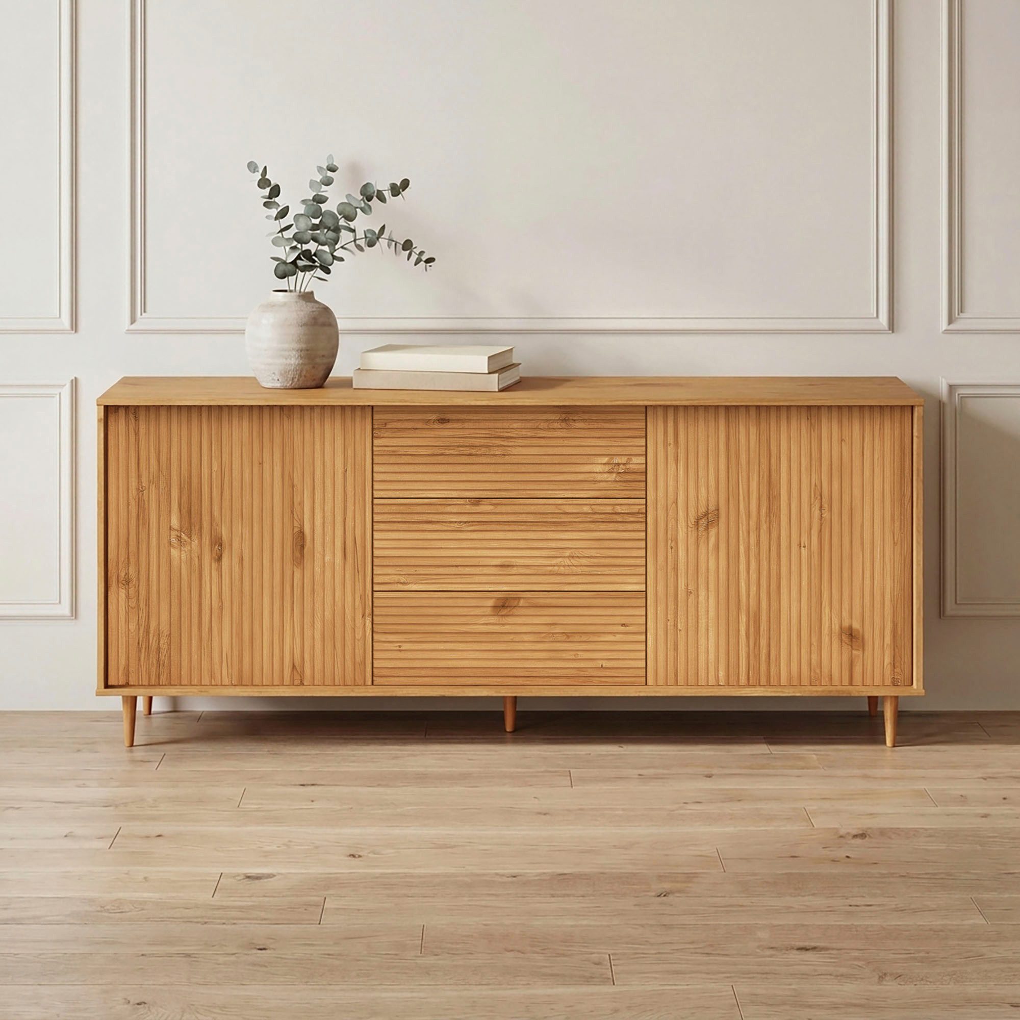 OTTO home Sideboard Malmedy Front mit gefrästen Rillen, Kommode aus massivem Kiefernholz, Push-to-open, Breite 160 cm