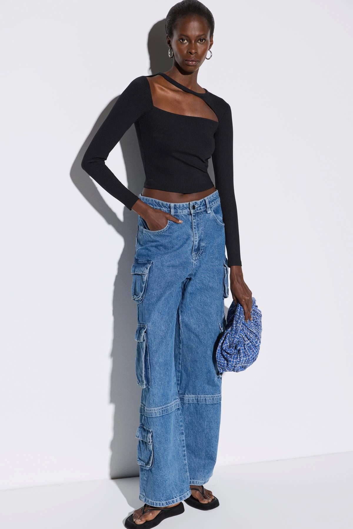 Blusentop Gerippte, langärmelige Crop-Bluse
