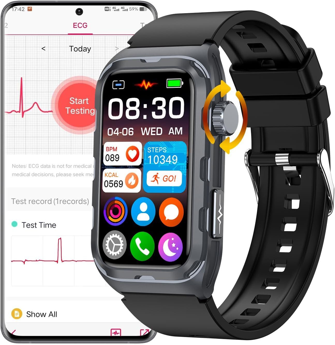 DigiKuber TK79 Smartwatch (3,9 cm, android ios), Smartwatch mit ECG, Schlaftracking, IP68 Wasserschutz