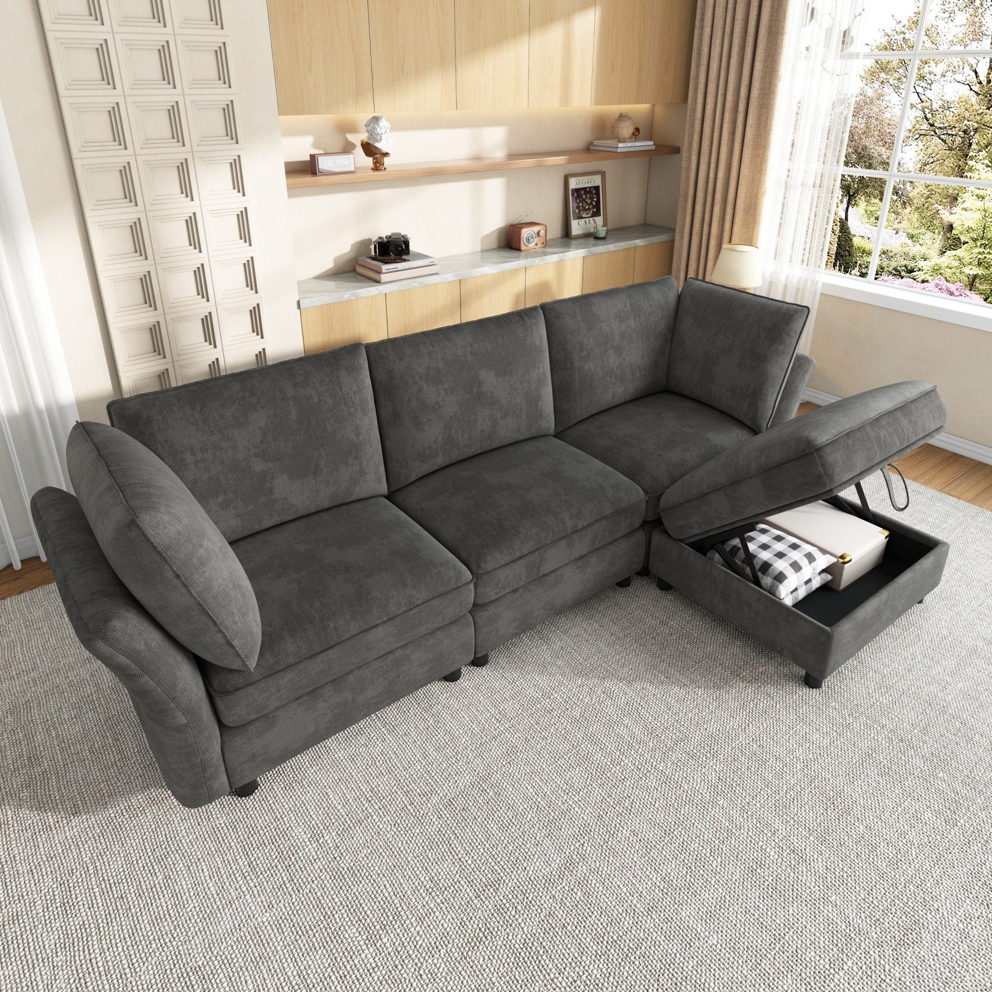 HAUSS SPOLE Ecksofa 4-Sitzer Kombisofa mit einem Hocker,Loungesofa Schlafsofa in Grau, Modulares L‑förmiges Wohnzimmersofa mit Hocker und Armlehnenkissen, 4-Sitzer mit Chenille-Bezug für 4–5 Personen