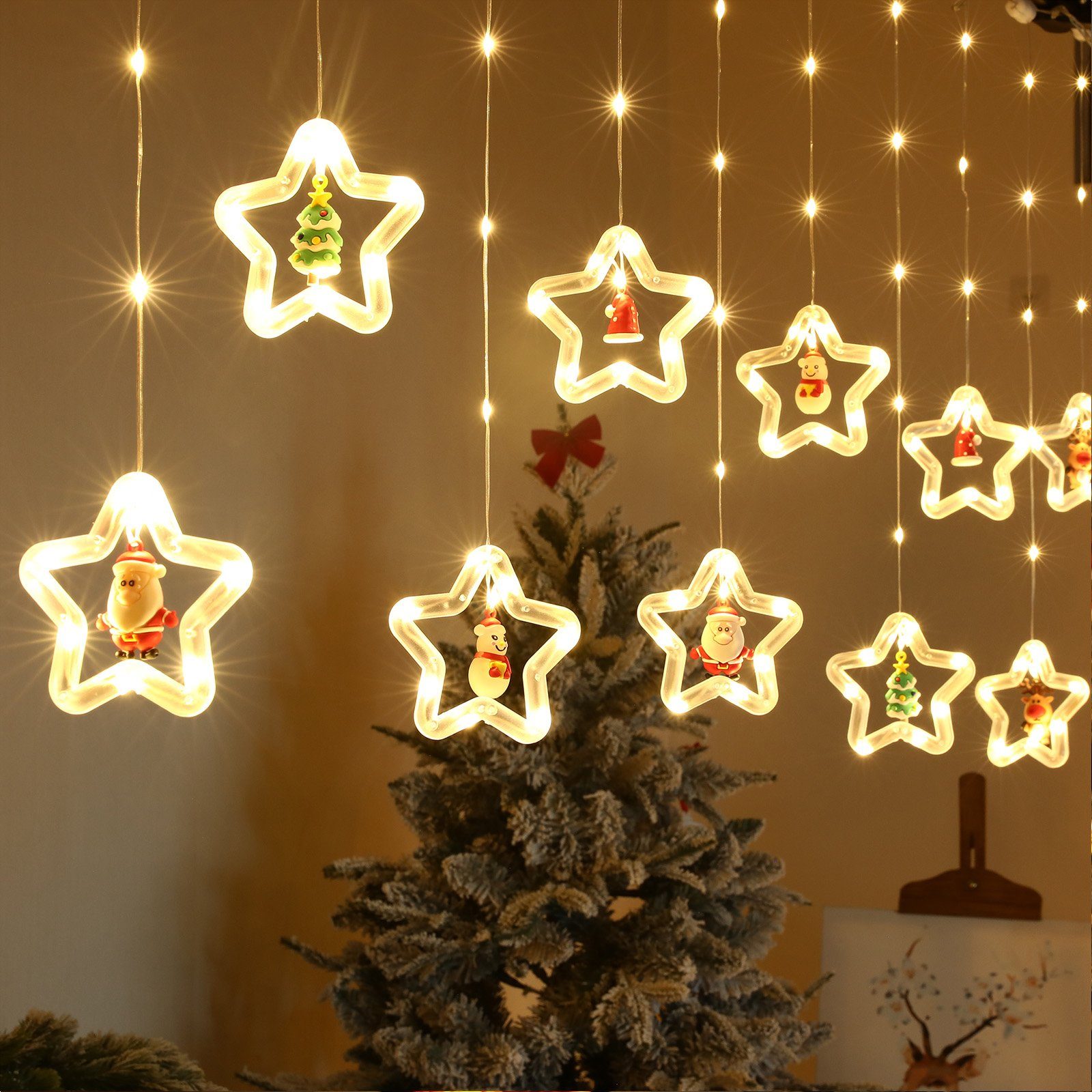 Sunicol LED-Lichterkette 3M Lichtervorhang, Fenster Timer Sterne Xmas 8 Lichterketten mit Fernsteuerung USB/Batterie Party Weihnachtsdeko, LED Modi, Warmweiß Sterne Schneeflocken