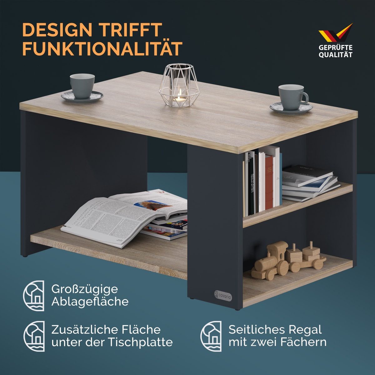 Casaria Couchtisch Santa Cruz, Holz Grau Wohnzimmertisch mit Stauraum 90x60x50cm 2 Ablagen Modern – Bild 3 von 5