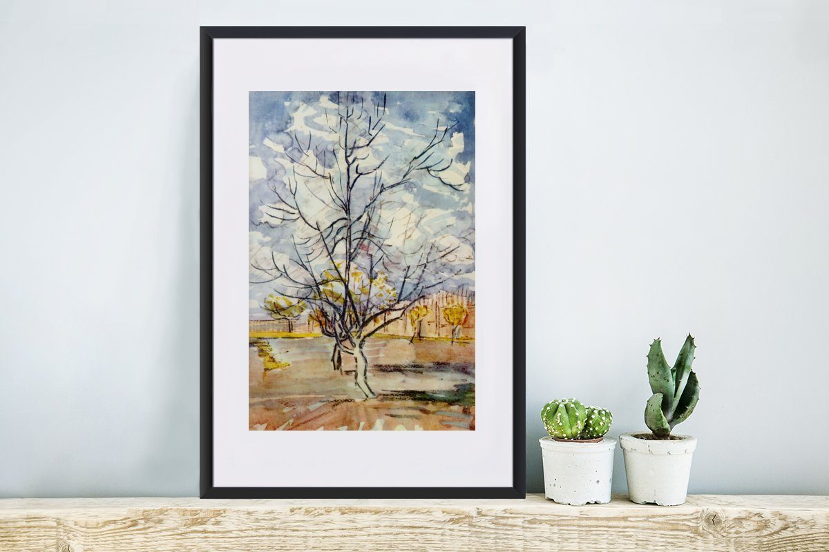 mit Vincent Rosa Poster, MuchoWow Gogh, (1 van St), Schwarzem Pfirsichbäume Gerahmtes - Bilderrahmen Rahmen, Poster Kunstdruck,