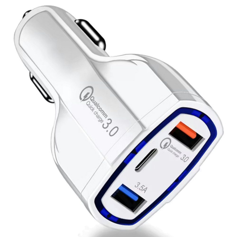 Trade-Shop USB Ladegerät KFZ Adapter Auto 12V Schnellladegerät Quick Charge 3.0 L KFZ-Netzteil (2x USB-A und 1x USB-C Anschluss für alle gängigen Geräte)