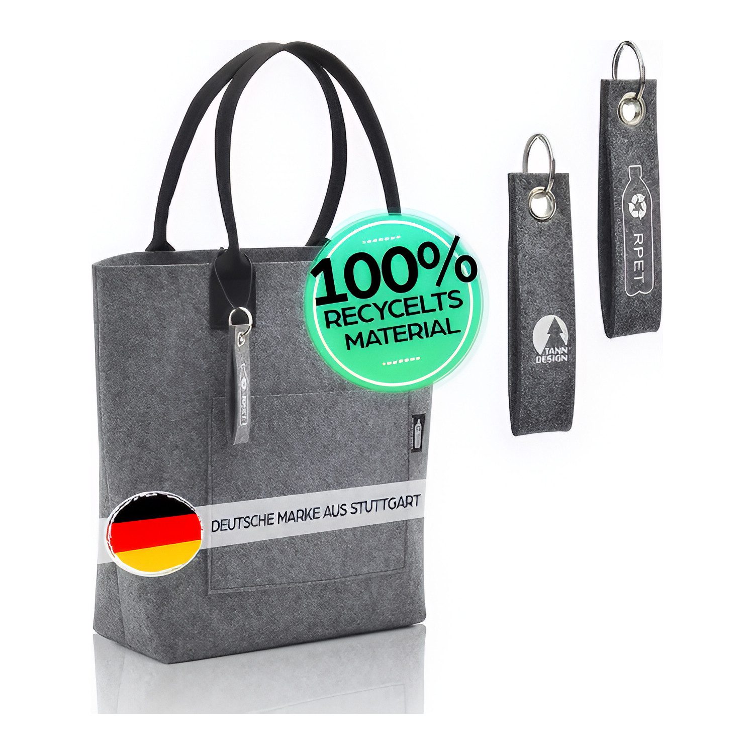 Tanndesign Einkaufsshopper Damen-Shopper Filz Hellgrau recyceltes PET (21L) + Schlüsselanhänger, 21 l