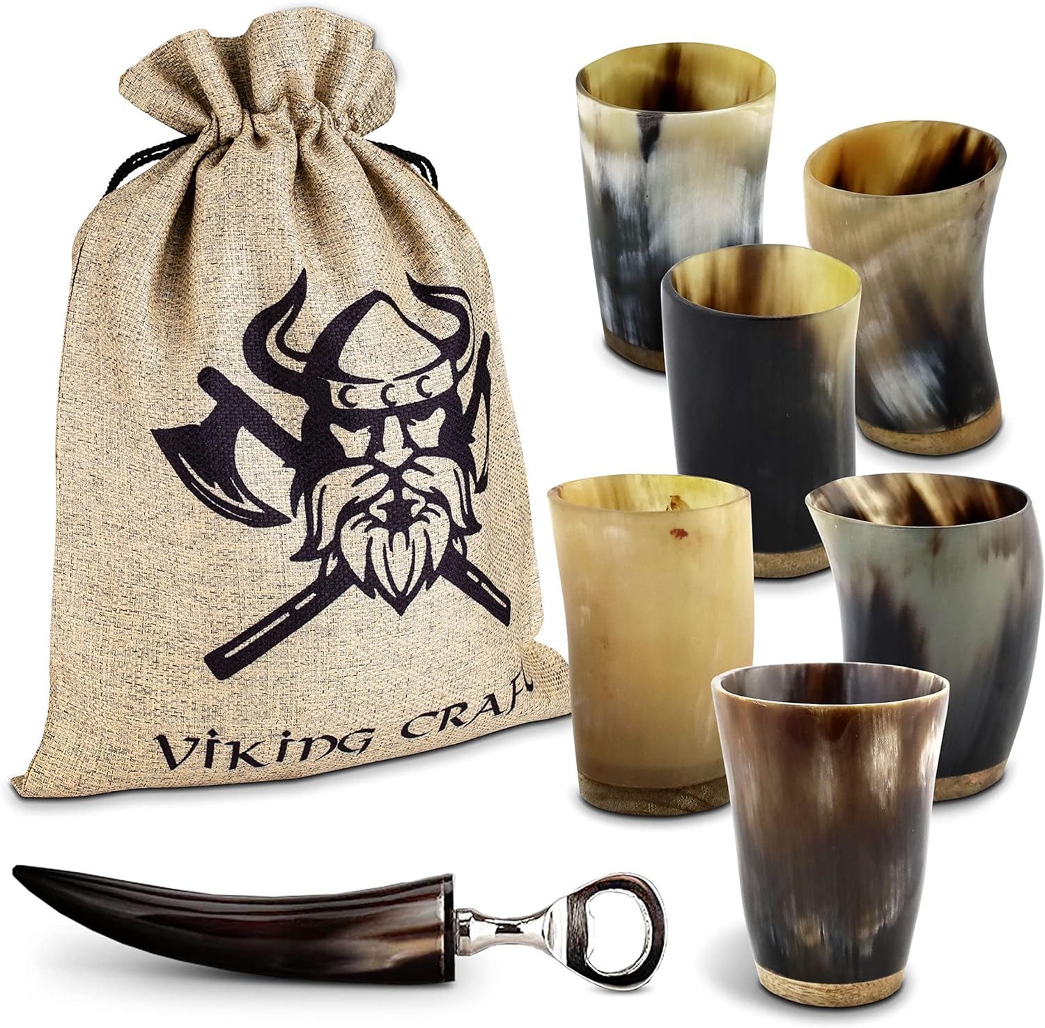 Bierkrug rinkhorn Wikinger Becher Set - 6x ca. 80ml Hornbecher + Flaschenöffner