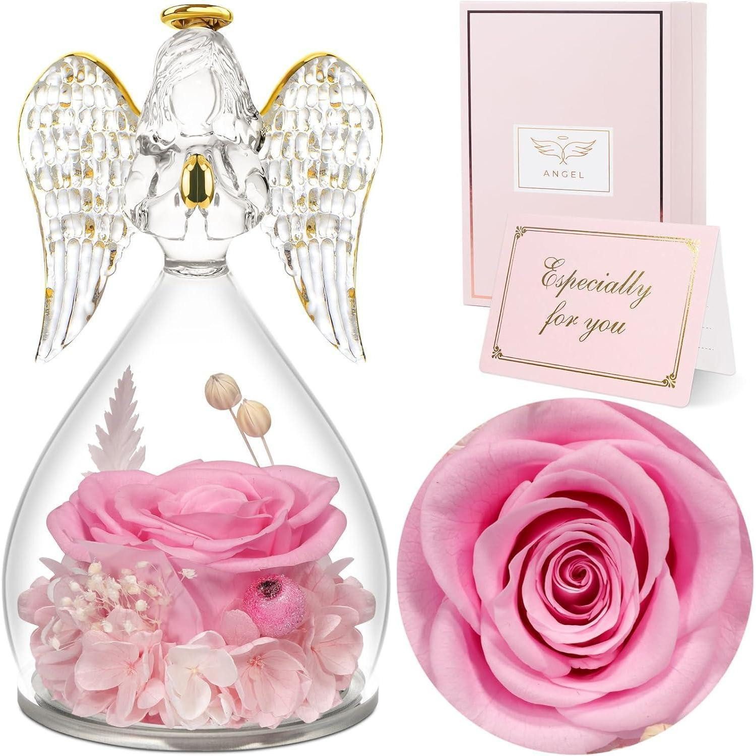 Kunstblume Ewige Rose Engel Glaskuppel Muttertagsgeschenk Rose Geschenkbox, LuxusKollektion, Höhe 13 cm