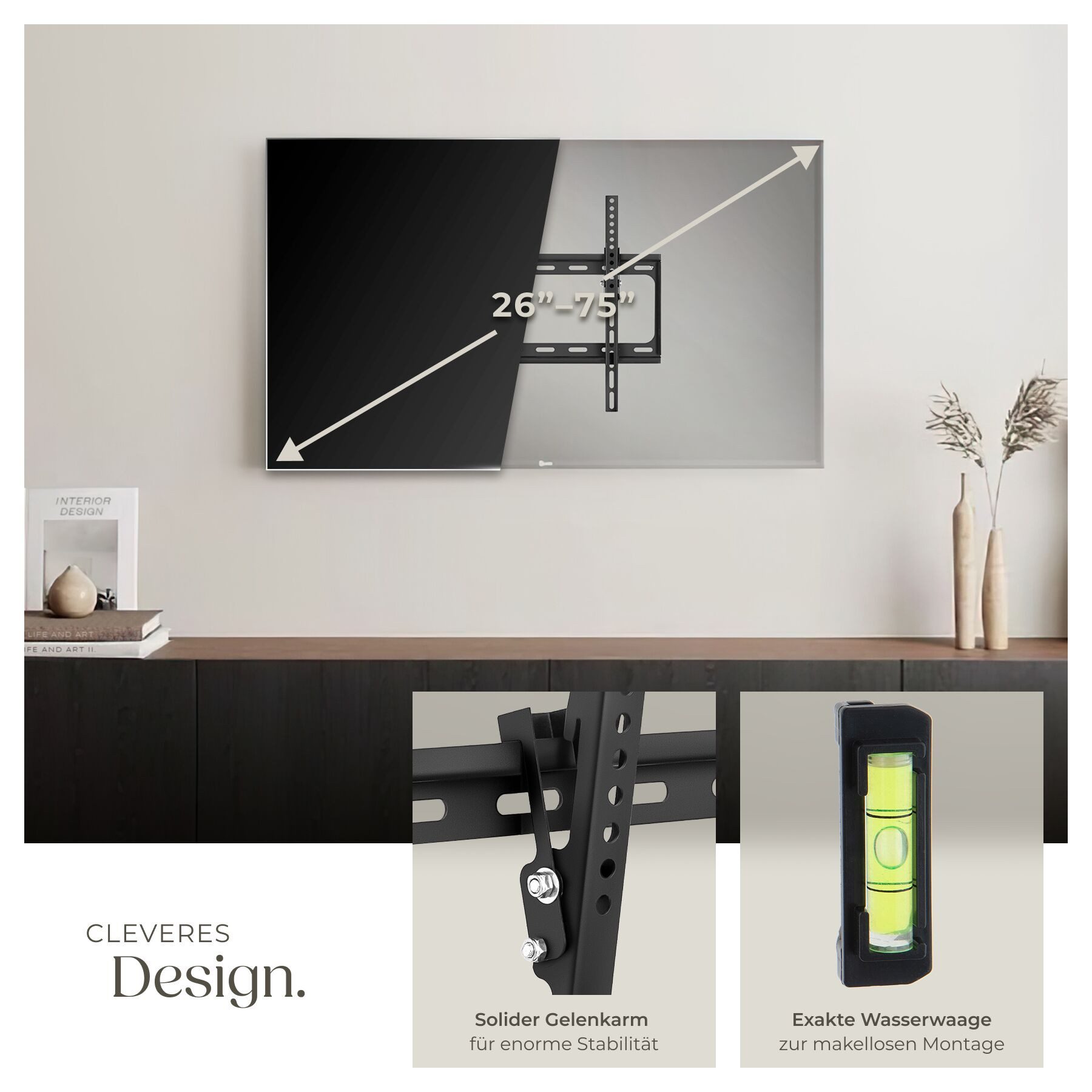tectake TV-Wandhalterung Fernseherhalterung für 26-75 Zoll (66-191 cm), max. VESA 400 x 400, (bis 75 Zoll, für Flachbildfernseher, bis 100 kg, neigbar und stufenlos breitenverstellbar, flacher Wandabstand)