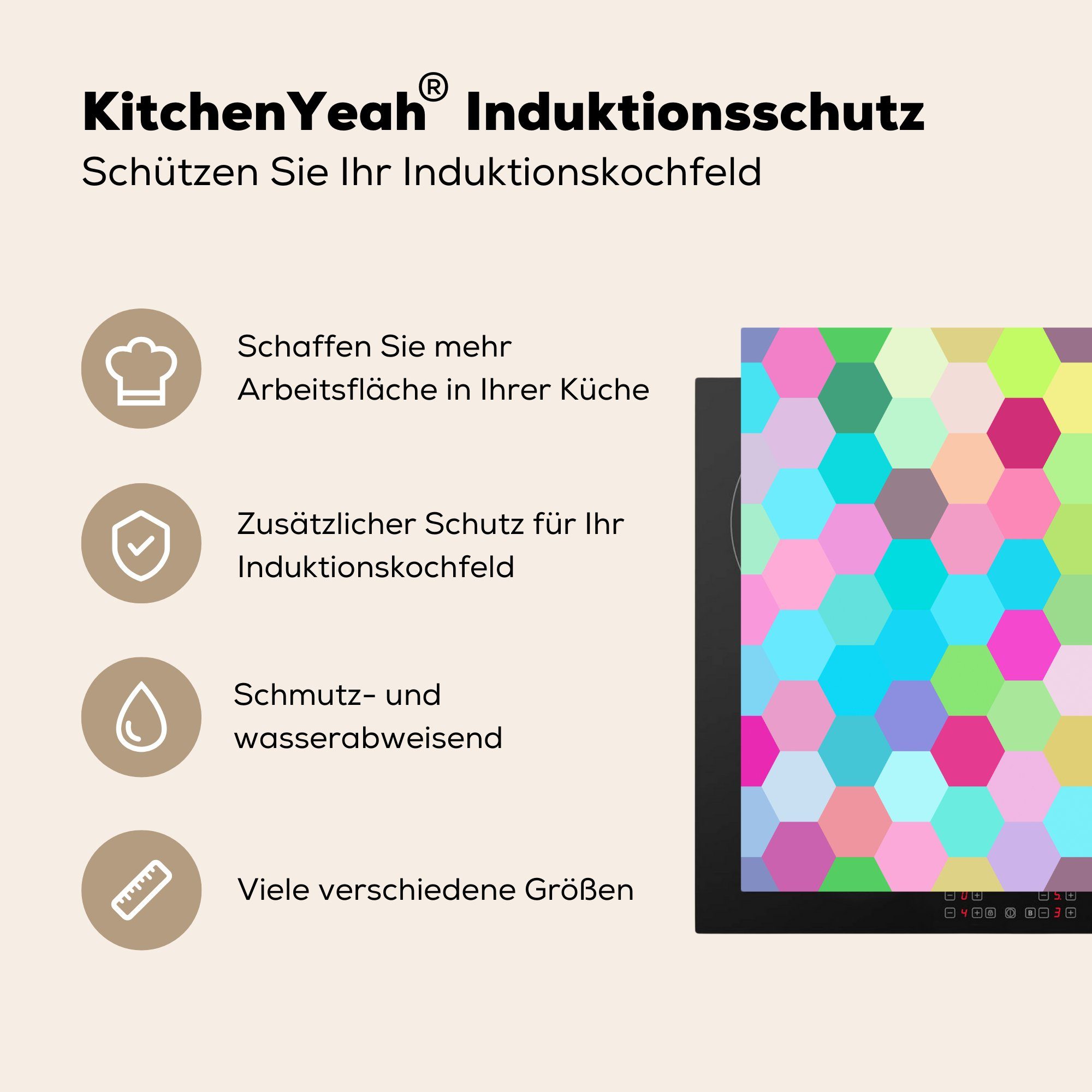 MuchoWow Vinyl, 78x78 Ceranfeldabdeckung, Herdblende-/Abdeckplatte Sechsecke, für (1 küche Abstrakte Arbeitsplatte cm, tlg),