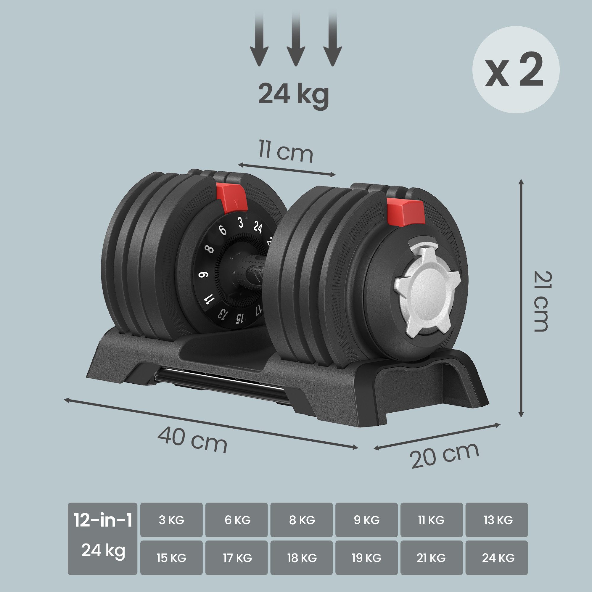 SONGMICS Hantel-Set SONGMICS Kurzhanteln 2er set, Kurzhanteln 2er set, verstellbar, 12-in-1, 3 kg bis 24 kg, mit Ständer
