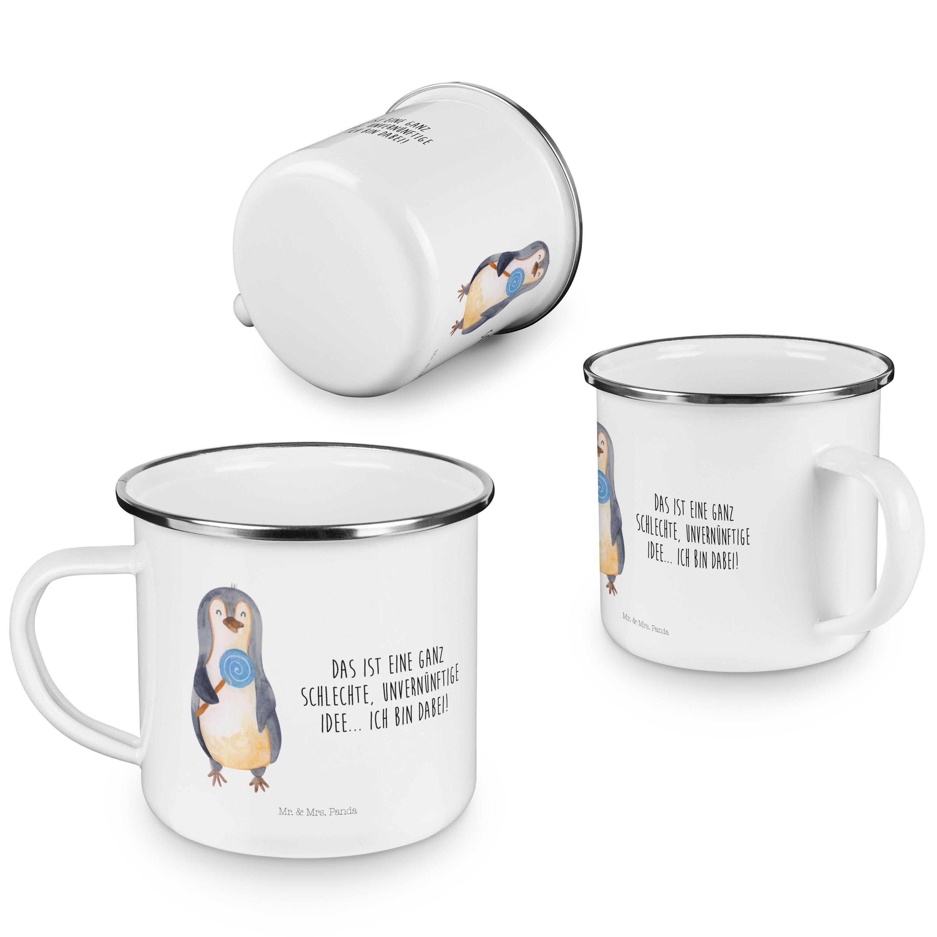 - Geschenk, Emaille Bl, Mr. & Metalltasse, Becher Lolli Weiß Trinkbecher, Emaille Mrs. Panda Pinguin -