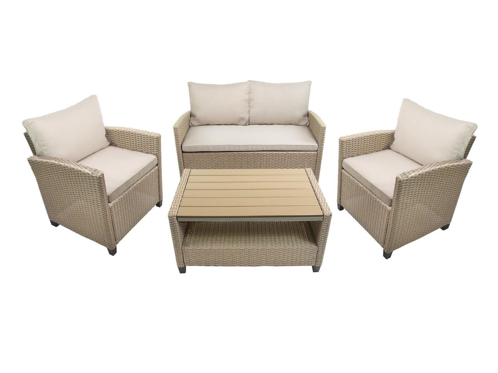 bellavista - Home&Garden® Gartenlounge-Set Rattan Lounge Madeira III bicolor (braun/beige), (Set, 6-tlg), 2-Sitzer Sofa: 124x67x74cm, Sessel: 67x66x74cm, Tisch 90x55x46cm