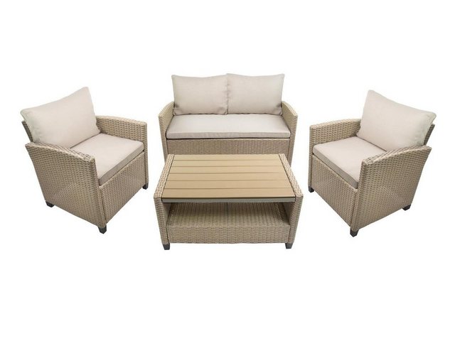 bellavista – Home&Garden® Loungeset Rattan Lounge Madeira III bicolor (braun/beige), (Set, 6-tlg), 2-Sitzer Sofa: 124x67x74cm, Sessel: 67x66x74cm, Tisch 90x55x46cm