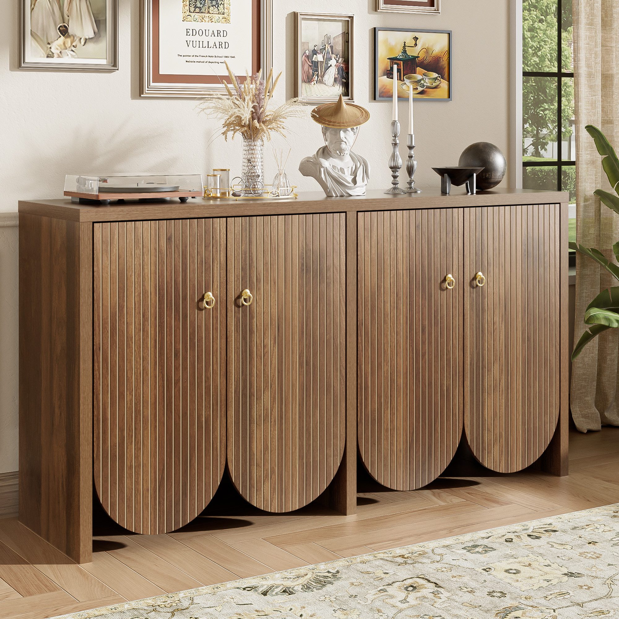 Merax Sideboard in Walnussoptik (Aufbewahrungsschrank Anrichte Buffetschrank, 1 St., Vielseitig & stilvoll für Wohnzimmer, Esszimmer oder Flur), Kommode mit 4 Türen, verstellbaren Einlegeböden & Aluminiumgriffen